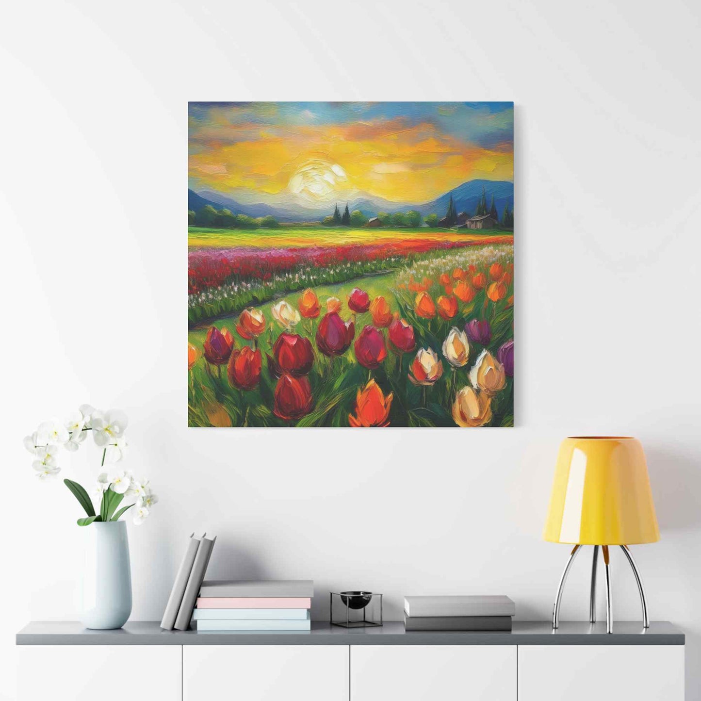 Tulips Fields Print Canvas, Floral Oil Paint Print 20x20, 24x24, 30x30, 32x32, 36x36 Art Design Pine-Wood Inner Frame MC-149