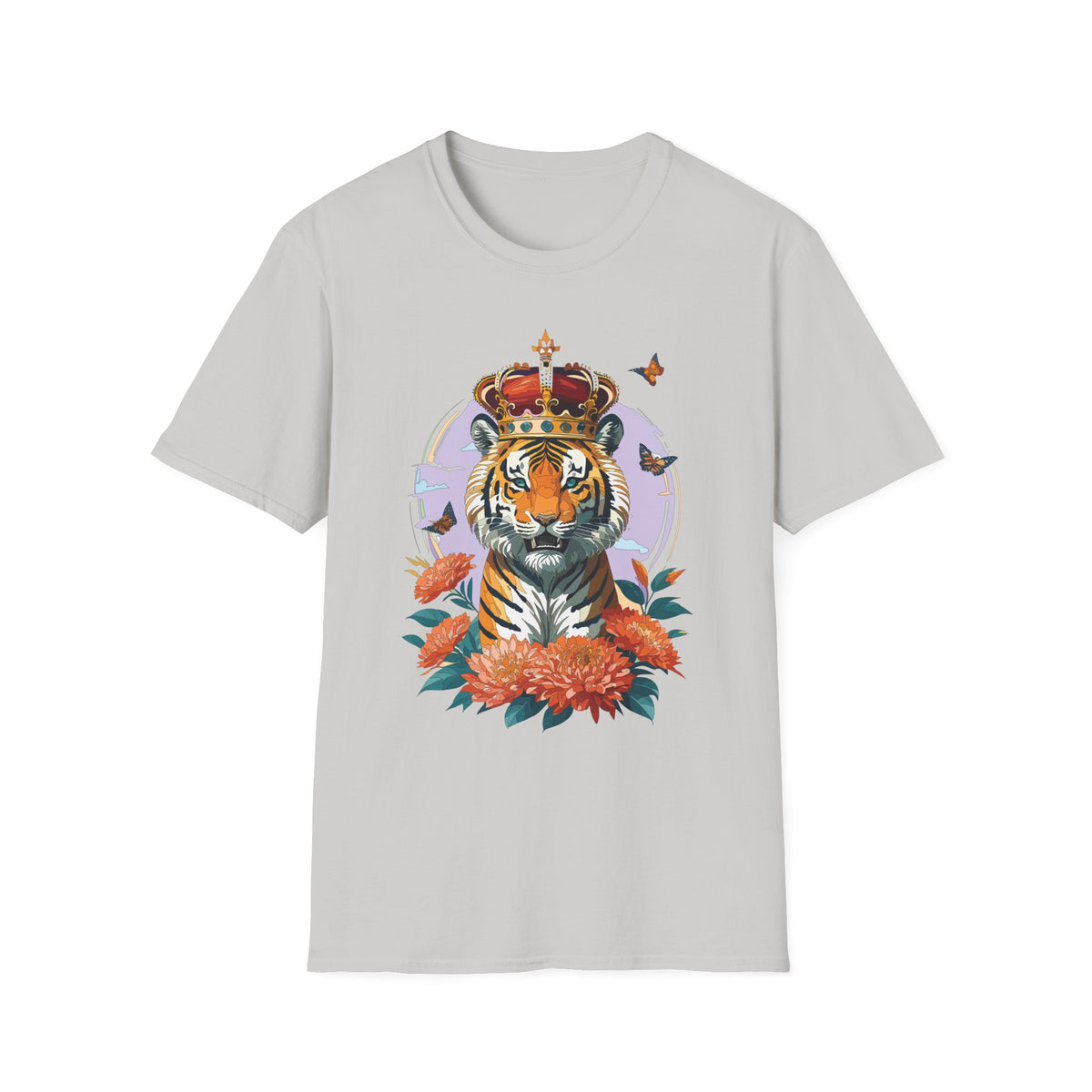 Tiger with Crown T-Shirt | Regal Tiger Artwork, Floral Accents - Unisex 100 Cotton Gildan 64000