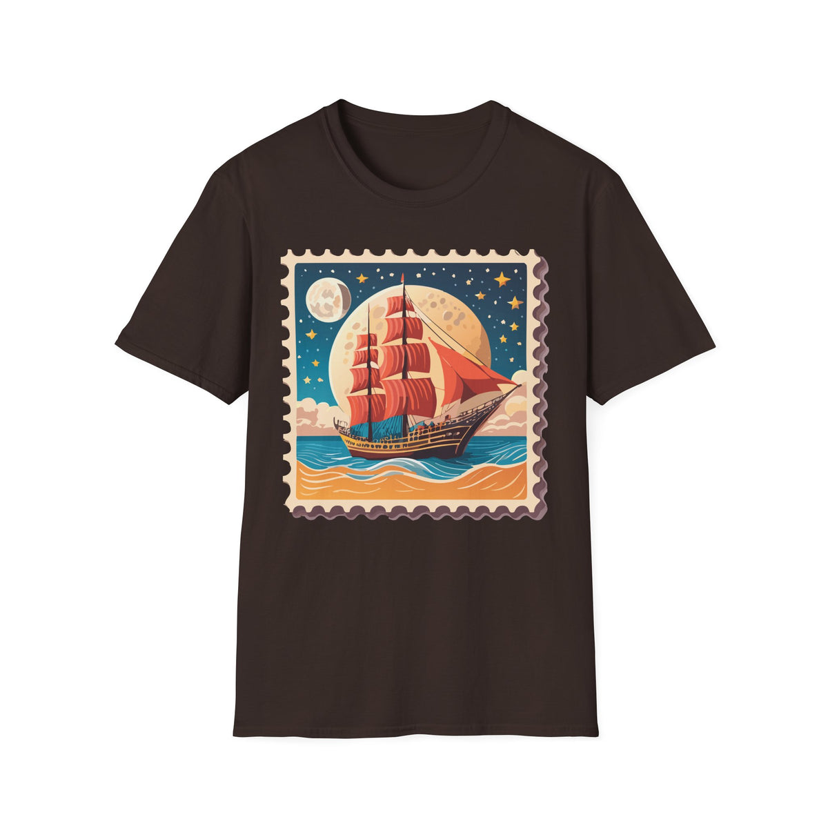 Vintage Sailing Ship Stamp T-Shirt | Retro Moonlit Ocean Illustration
