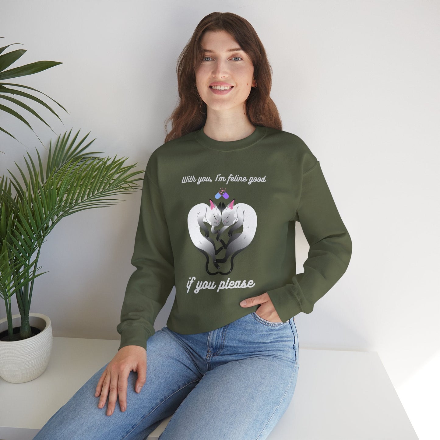 Double Cat Heart Sweatshirt Unisex Fifty Fifty Cotton Poly Valentines Day Sweatshirt