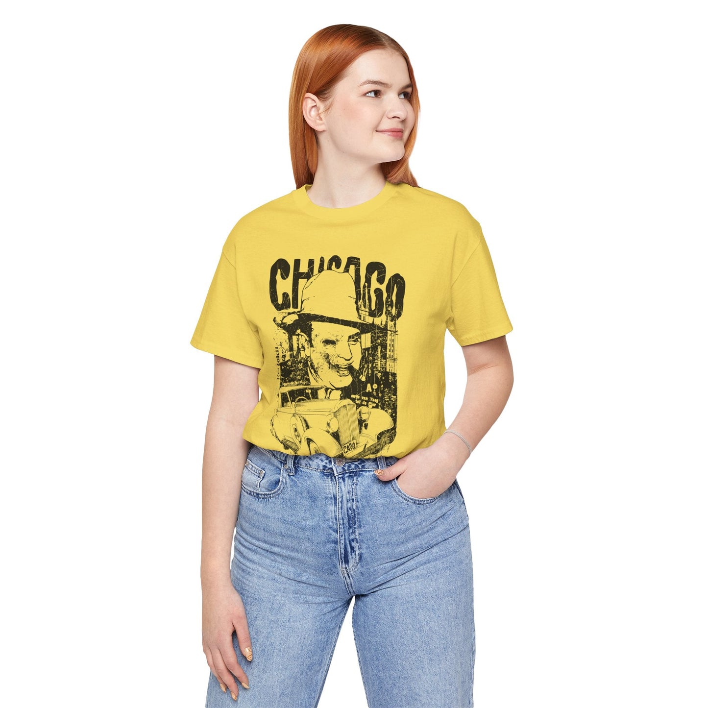 Chicago Retro Mobster Illustration Tee Vintage Car Cityscape Art Design T-Shirt A-8
