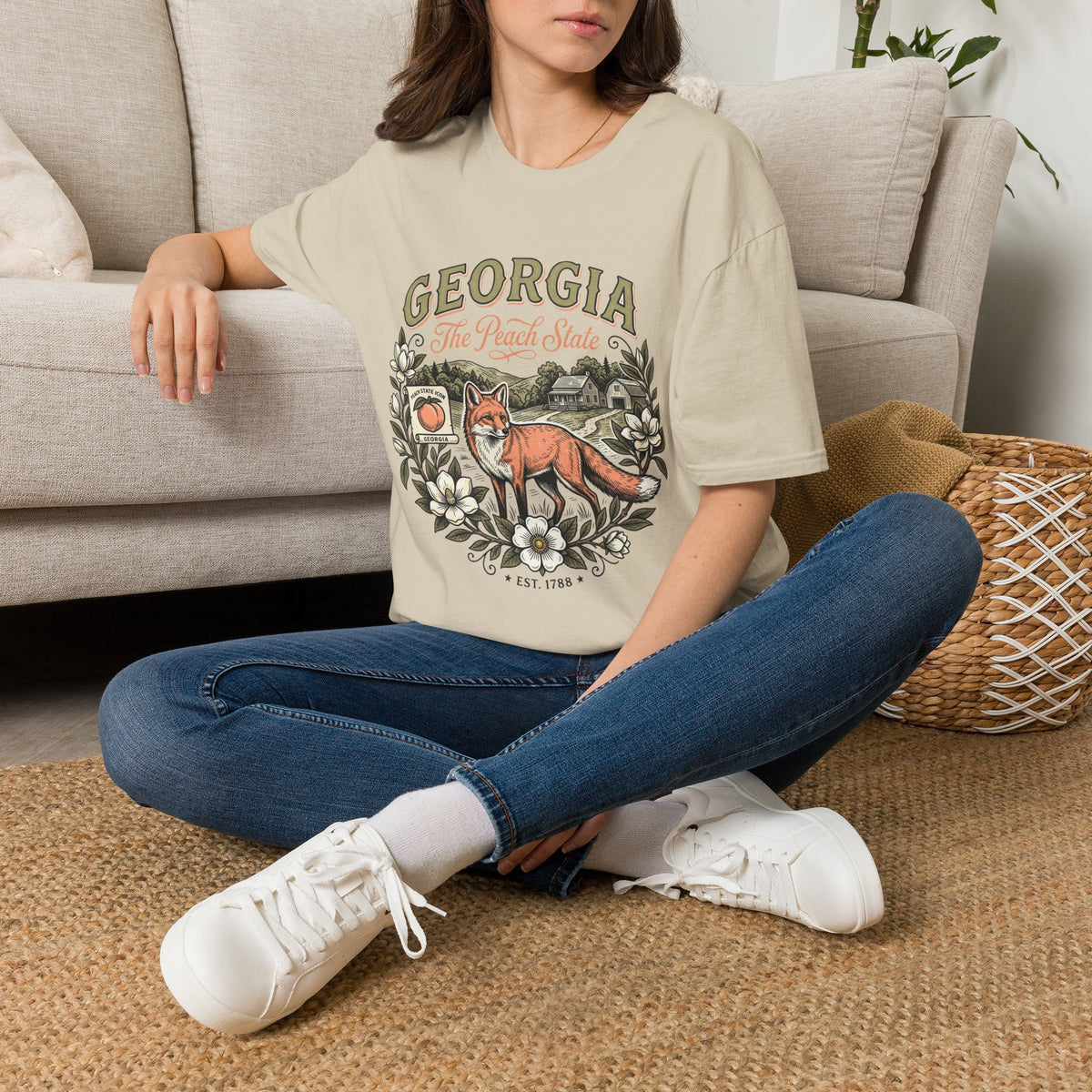 Georgia Fox T-Shirt — The Peach State Vintage Nature Travel Tourist Graphic Design Unisex 100 Cotton Gildan T-Shirt