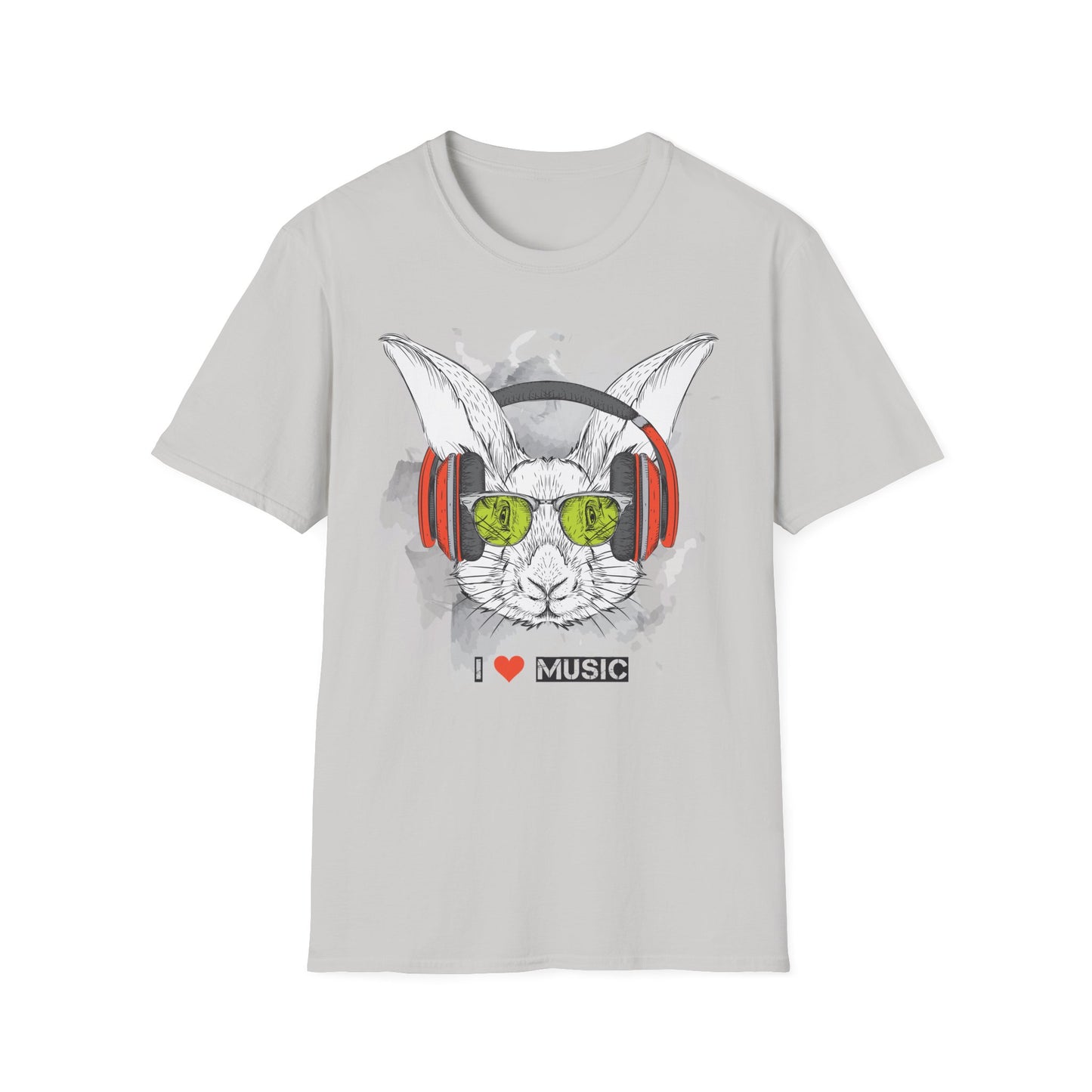 Music Bunny T-Shirt Unisex Cotton Short Sleeves I Love Music Rabbit with Headphones Graphic Tee