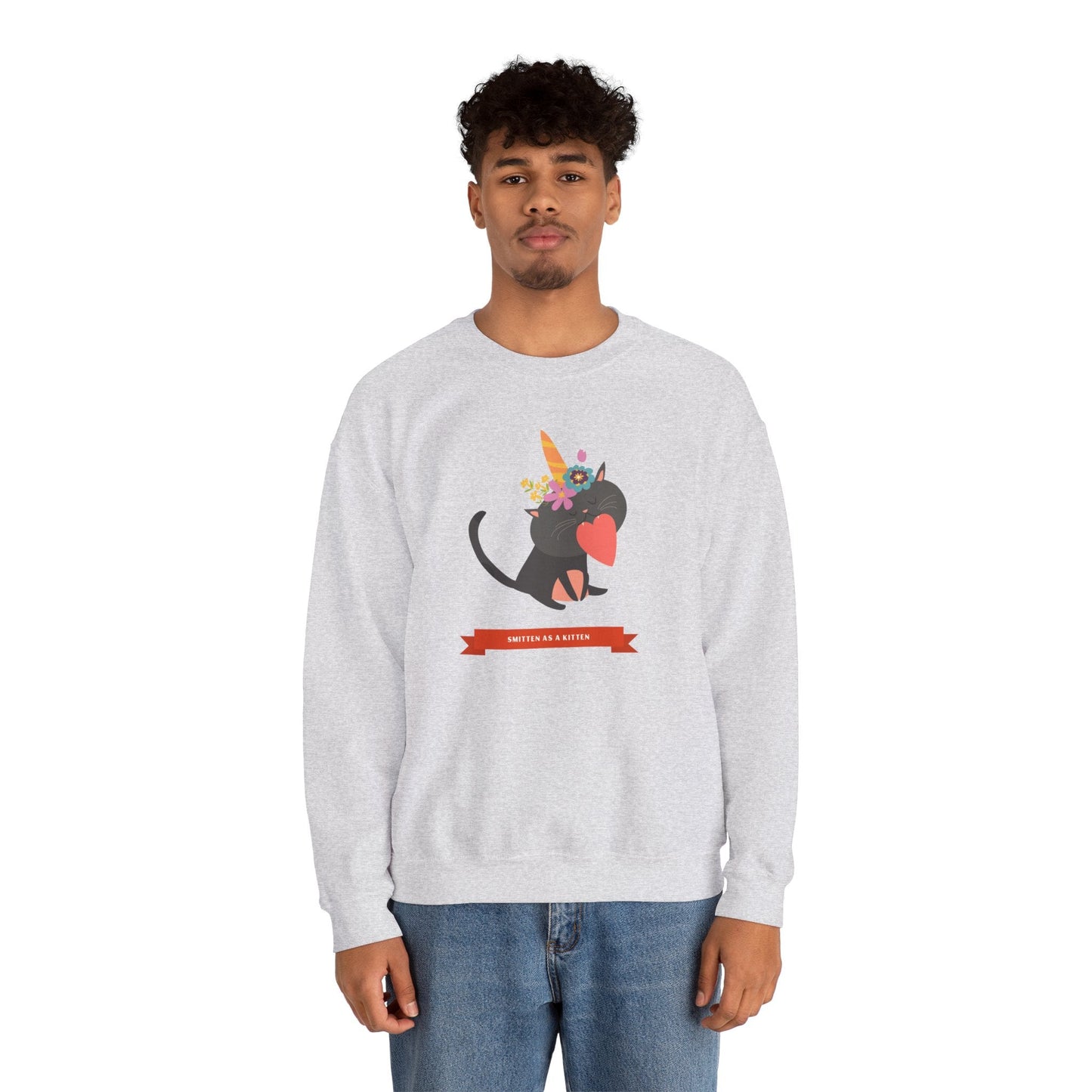Cat Heart Sweatshirt Unisex Valentine Gift 50/50 Cotton-Poly Crewneck Gildan 18000