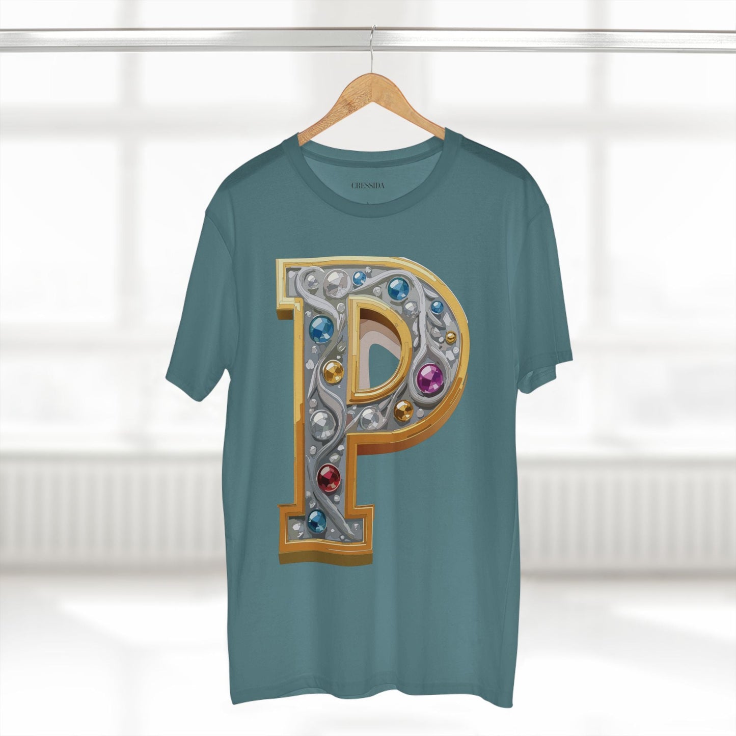 Letter P Graphic Design Tee Unisex 100 Cotton With Antique Gold Letters Artwork T-Shirt