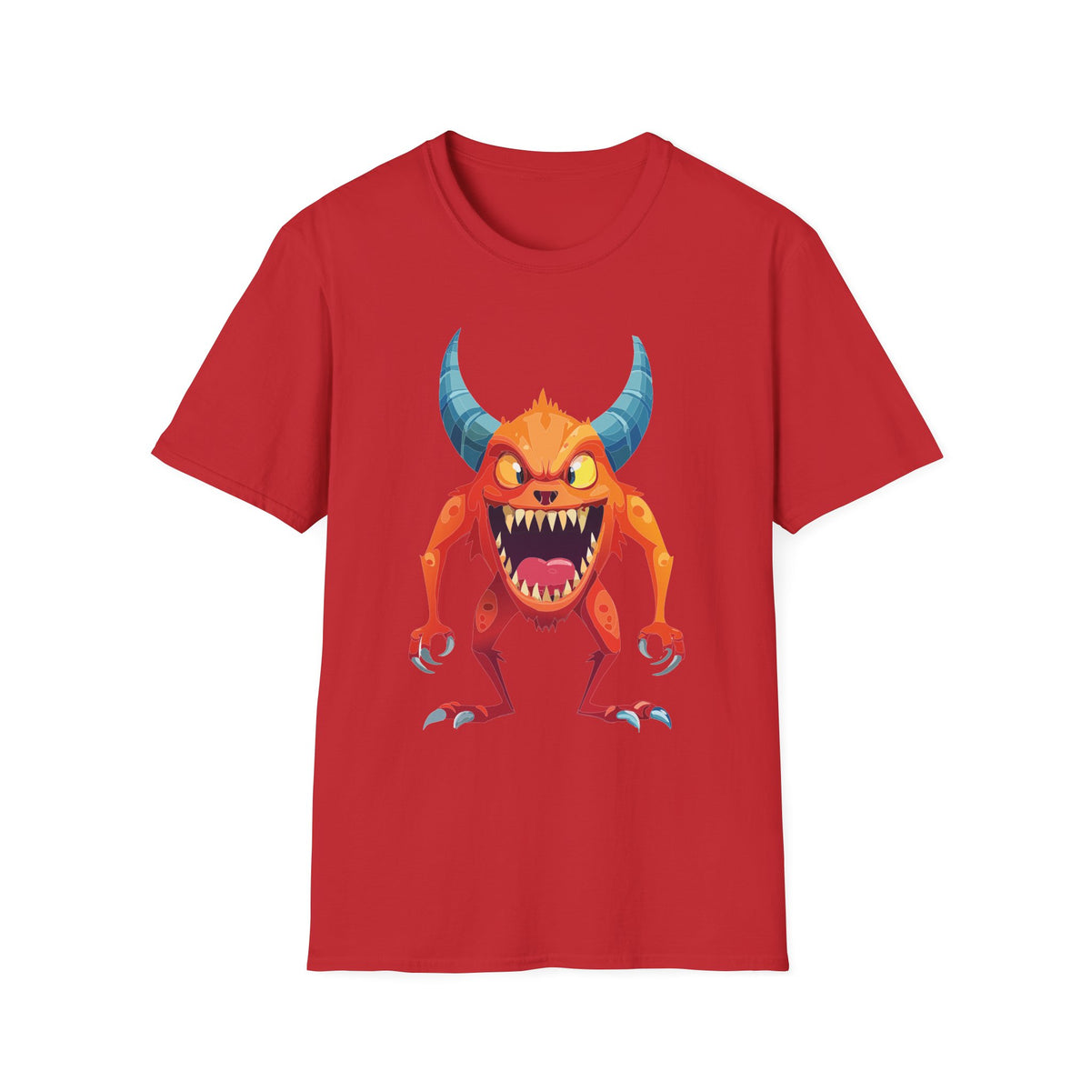 Orange Horned Monster T-Shirt — Cute Scary Cartoon Tee for Kids & Halloween Cartoon Graphic Tee Unisex 100 Cotton Gildan T-Shirt