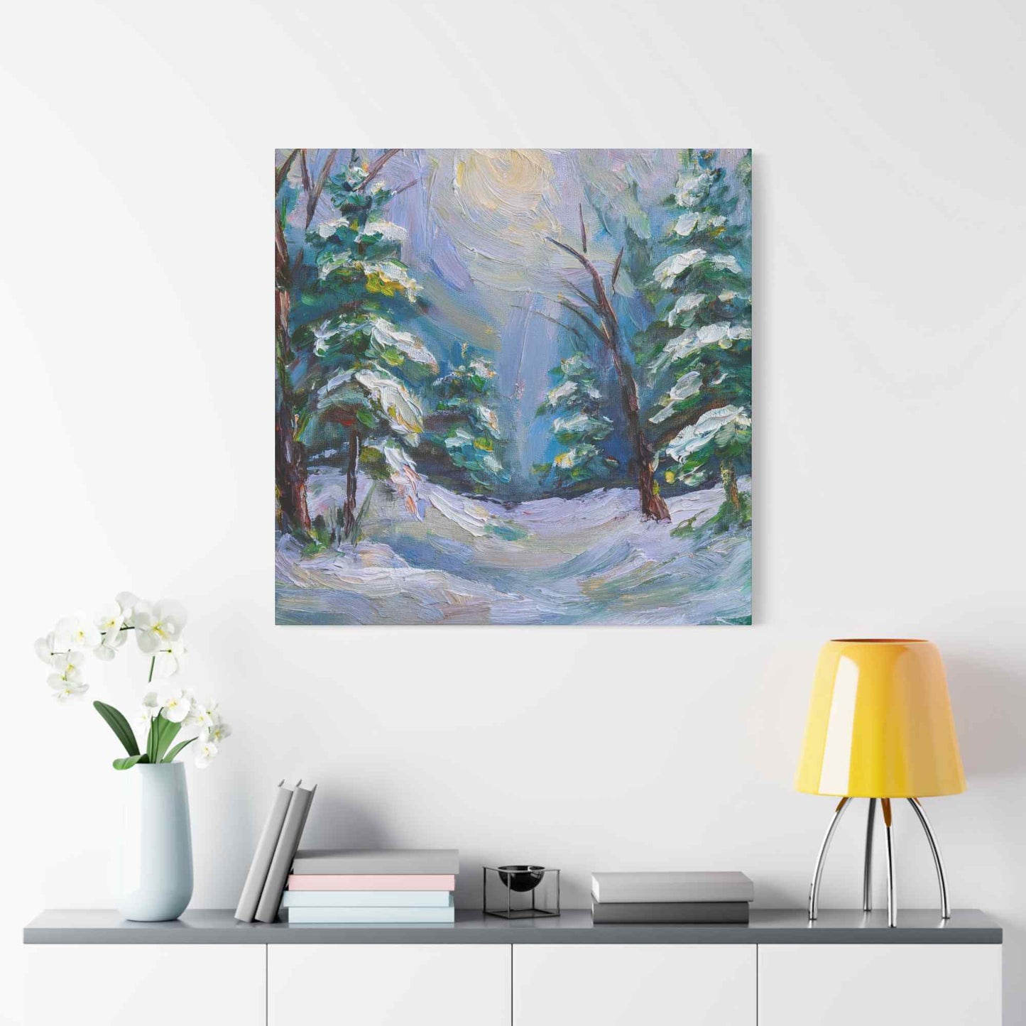 Snow Forest Print Canvas, Oil Paint Print 20x20, 24x24, 30x30, 32x32, 36x36 Art Design Print Pine-Wood Inner Frame MC-78