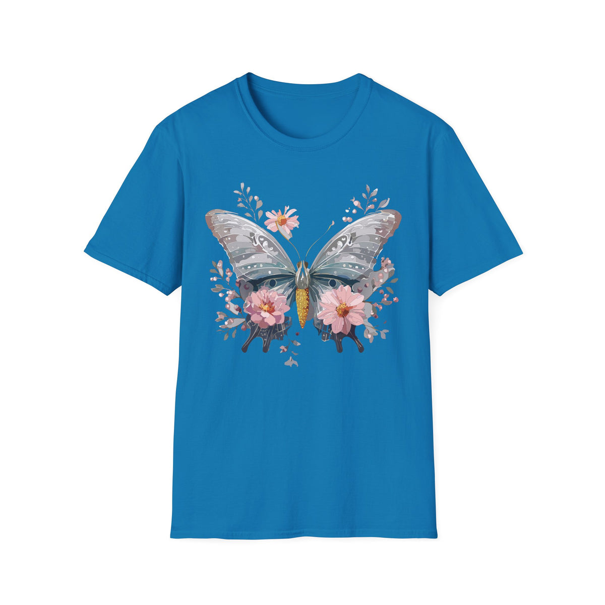 Butterfly Floral T‑Shirt — Watercolor Moth & Pink Flowers Graphic Tee Unisex 100 Cotton Gildan T-Shirt