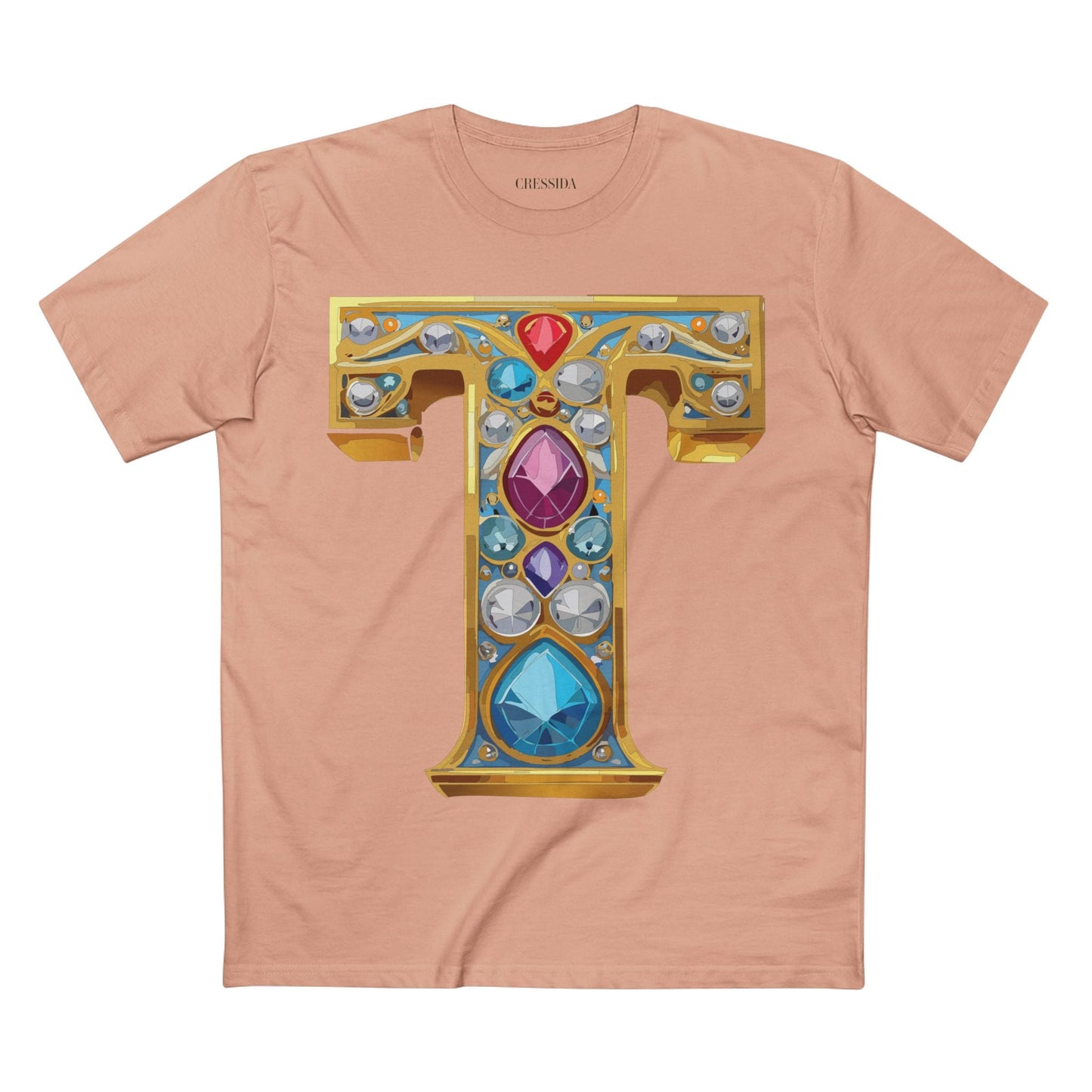 Letter T Graphic Design Tee Unisex 100 Cotton With Antique Gold Letters Artwork T-Shirt
