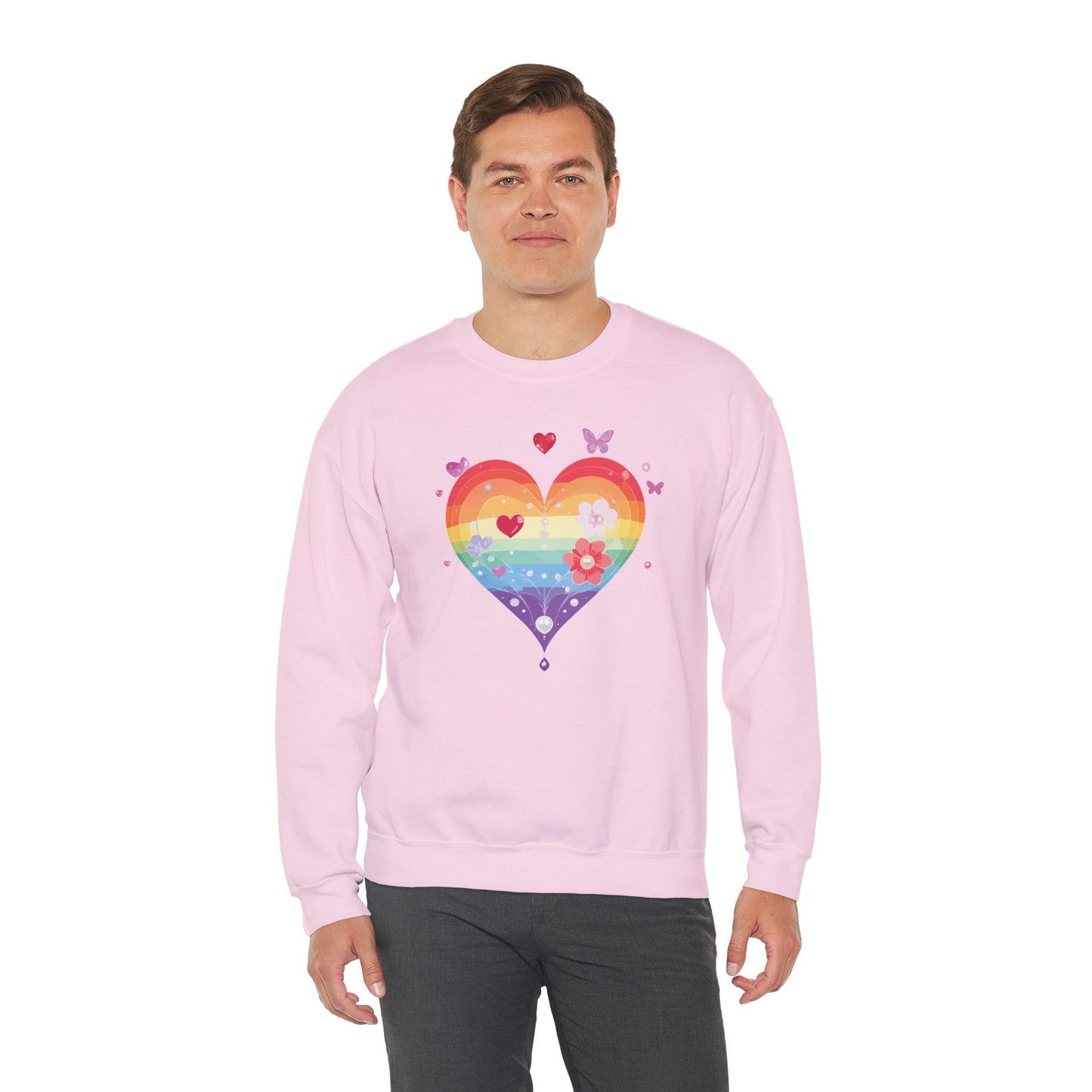 Rainbow Heart Floral Sweatshirt Unisex Valentines Day Graphic Love Sweatshirt Gift Idea