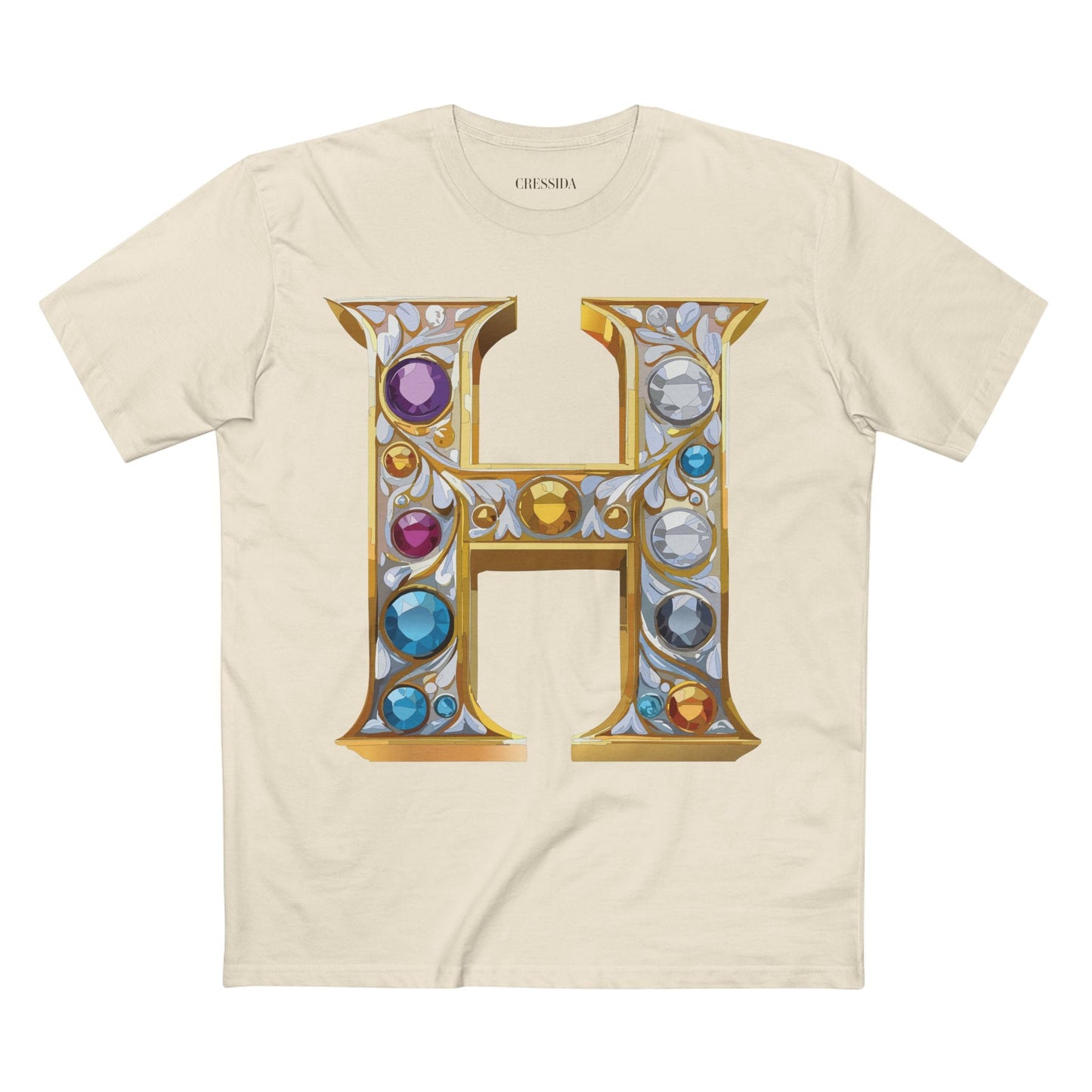 Letter H Graphic Design Tee Unisex 100 Cotton With Antique Gold Letters Artwork T-Shirt