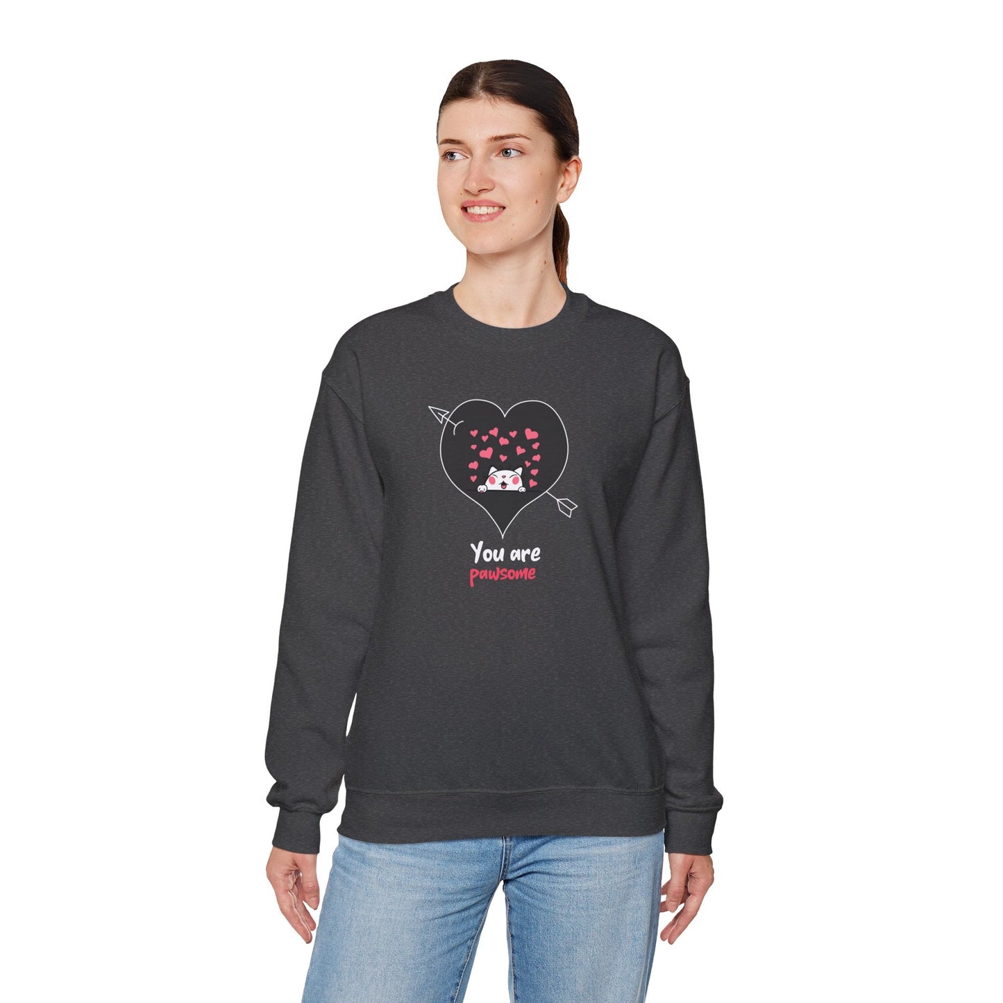 Cat Heart Sweatshirt Valentines Day Fifty Fifty Cotton Poly Unisex Crewneck Gift Idea