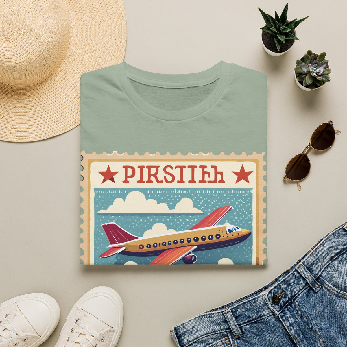 Vintage Airplane Stamp design T-Shirt | Retro Travel Plane Graphic Tee