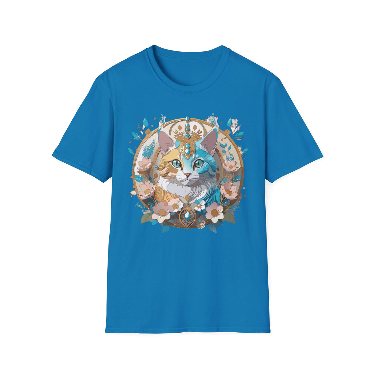 Two-Tone Cat Portrait T-Shirt | Floral Crescent, Boho Kitty