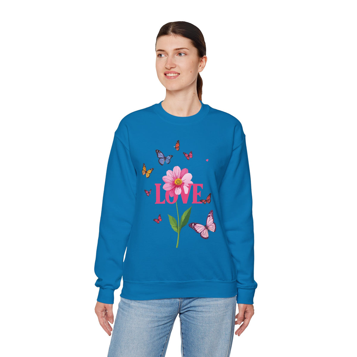 Unisex Floral Love Sweatshirt, Love Floral Sweatshirt, Floral Butterfly Sweatshirt, 50/50 Cotton-Poly Valentine's Day Sweatshirt 01