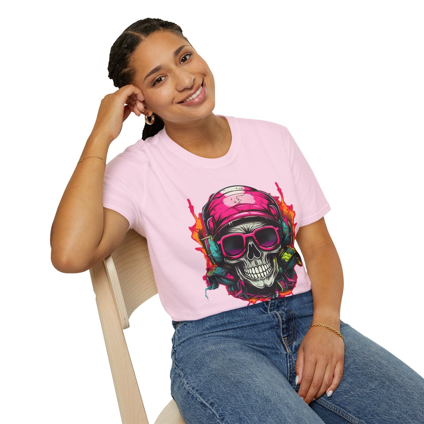 Unisex Skull Tee Shirt With Skeleton Design Gildan Softstyle 64000 Ring Spun Cotton