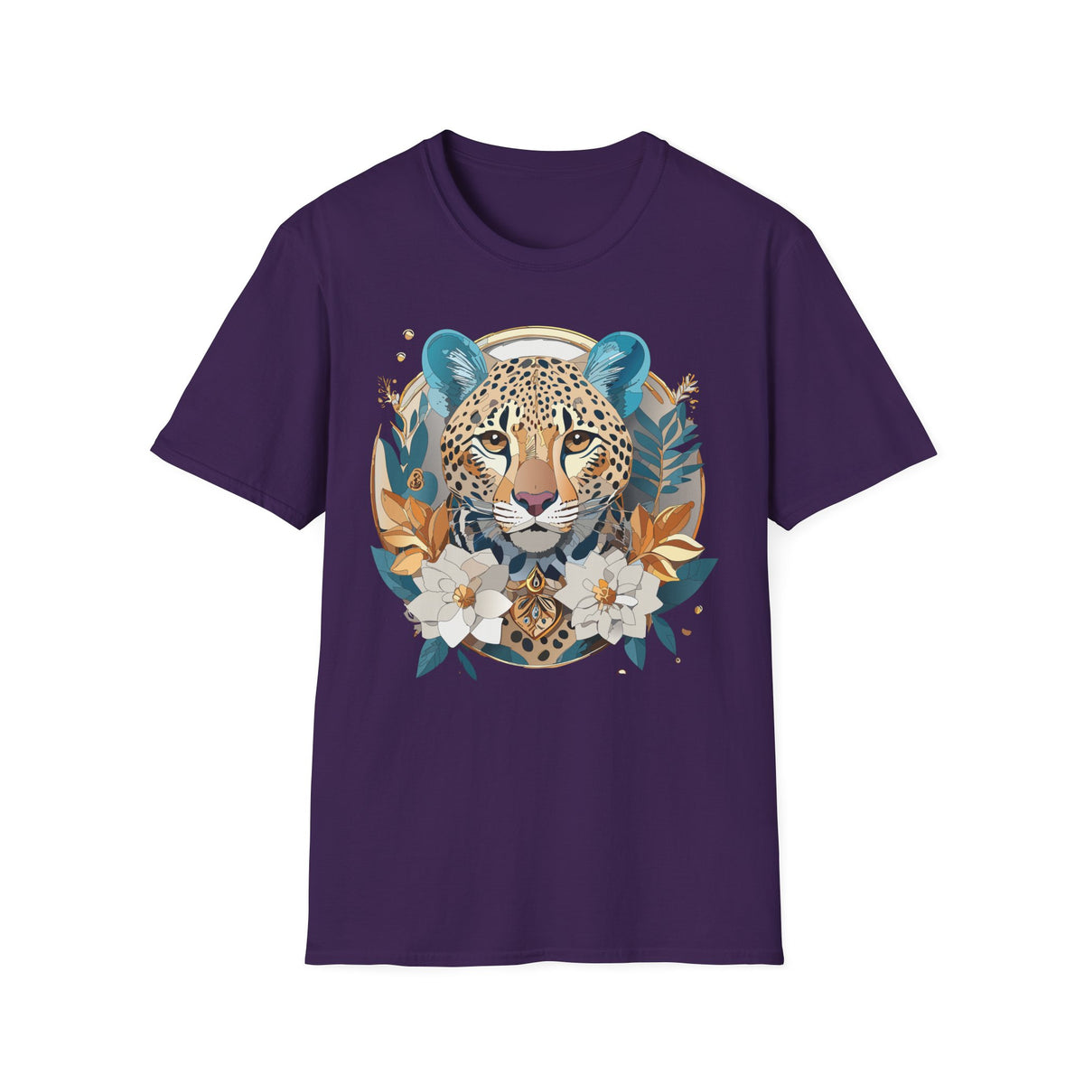 Boho Cheetah Face T-Shirt | Floral Leaves Illustration