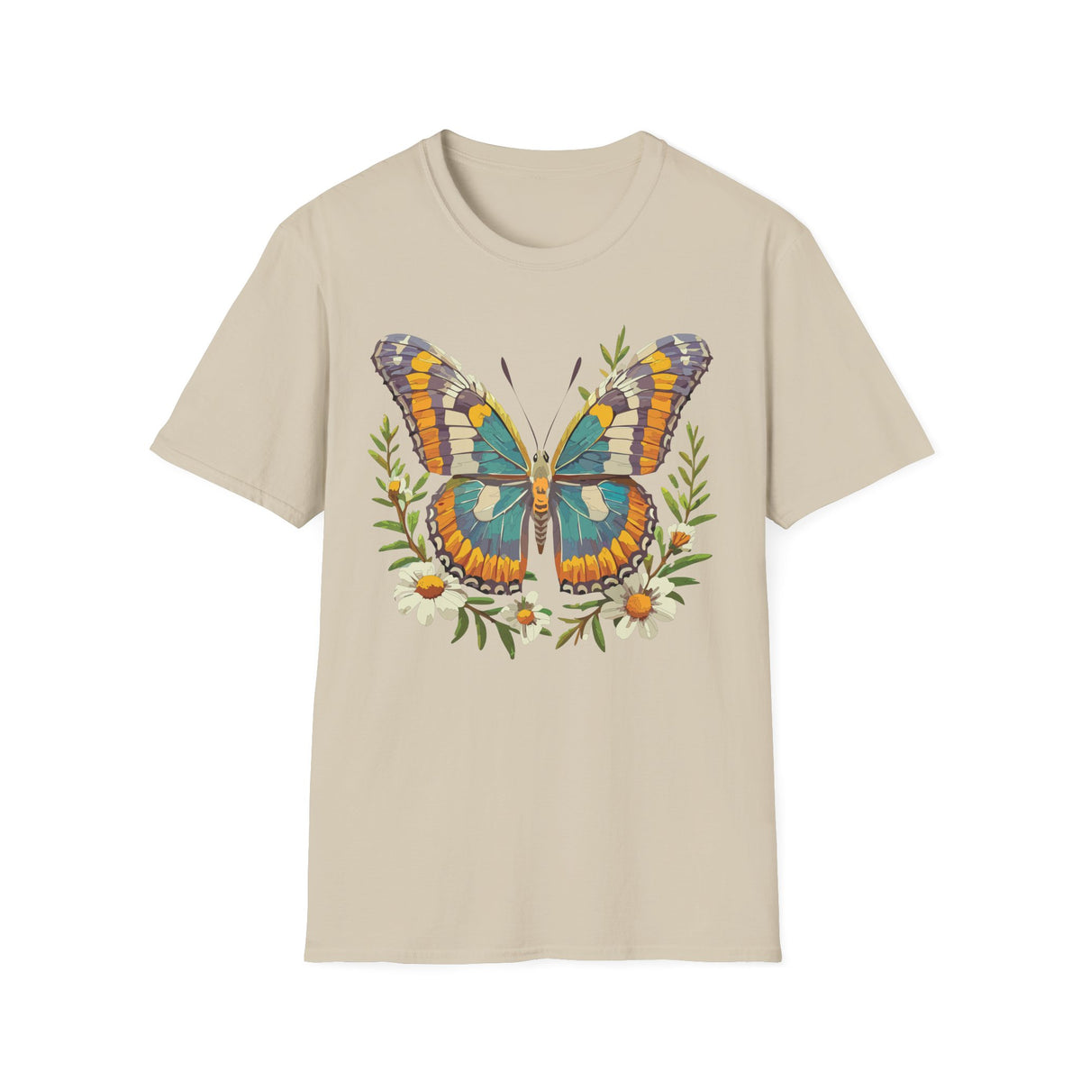 Teal Orange Butterfly T-Shirt | Floral Butterfly Illustration Graphic Tee Unisex 100 Cotton Gildan T-Shirt