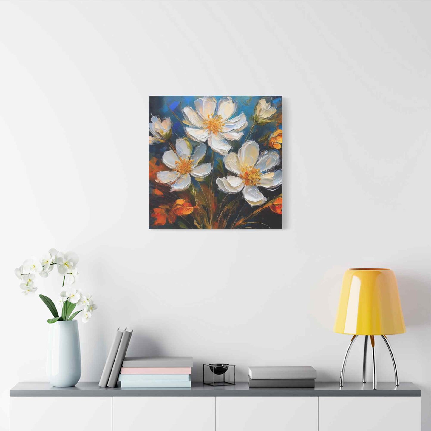 White Flowers Print Canvas, White Flowera Oil Paint Print 20x20, 24x24, 30x30, 32x32, 36x36, Art Design Print Non-Frame MC-6