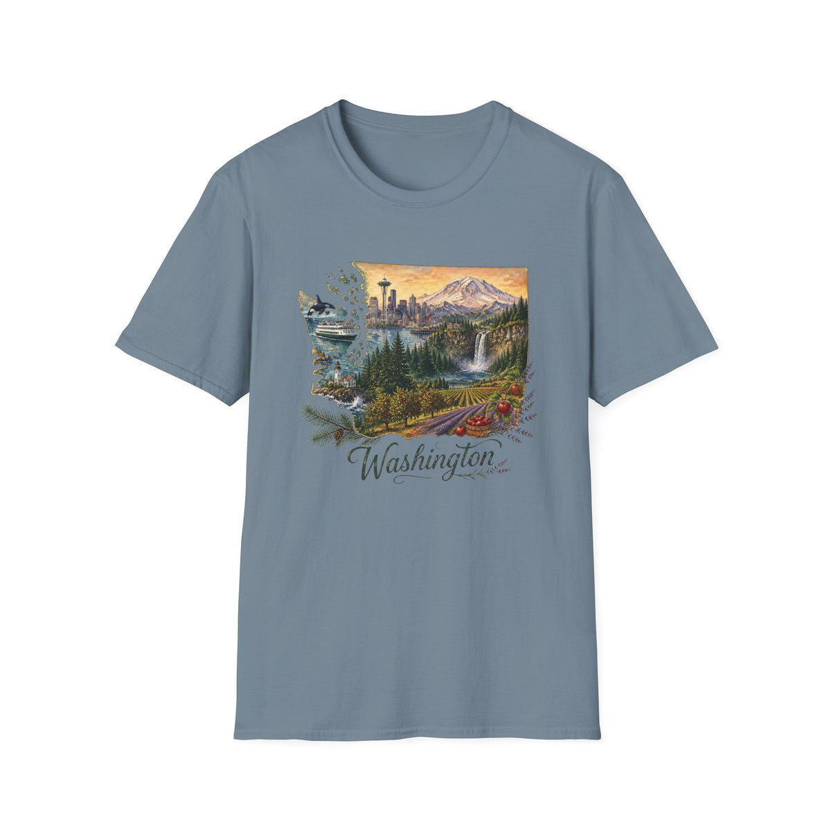 Washington Scenic T-Shirt — Vintage Mountain & Waterfall State Travel Tourist Graphic Design Unisex 100 Cotton Gildan T-Shirt