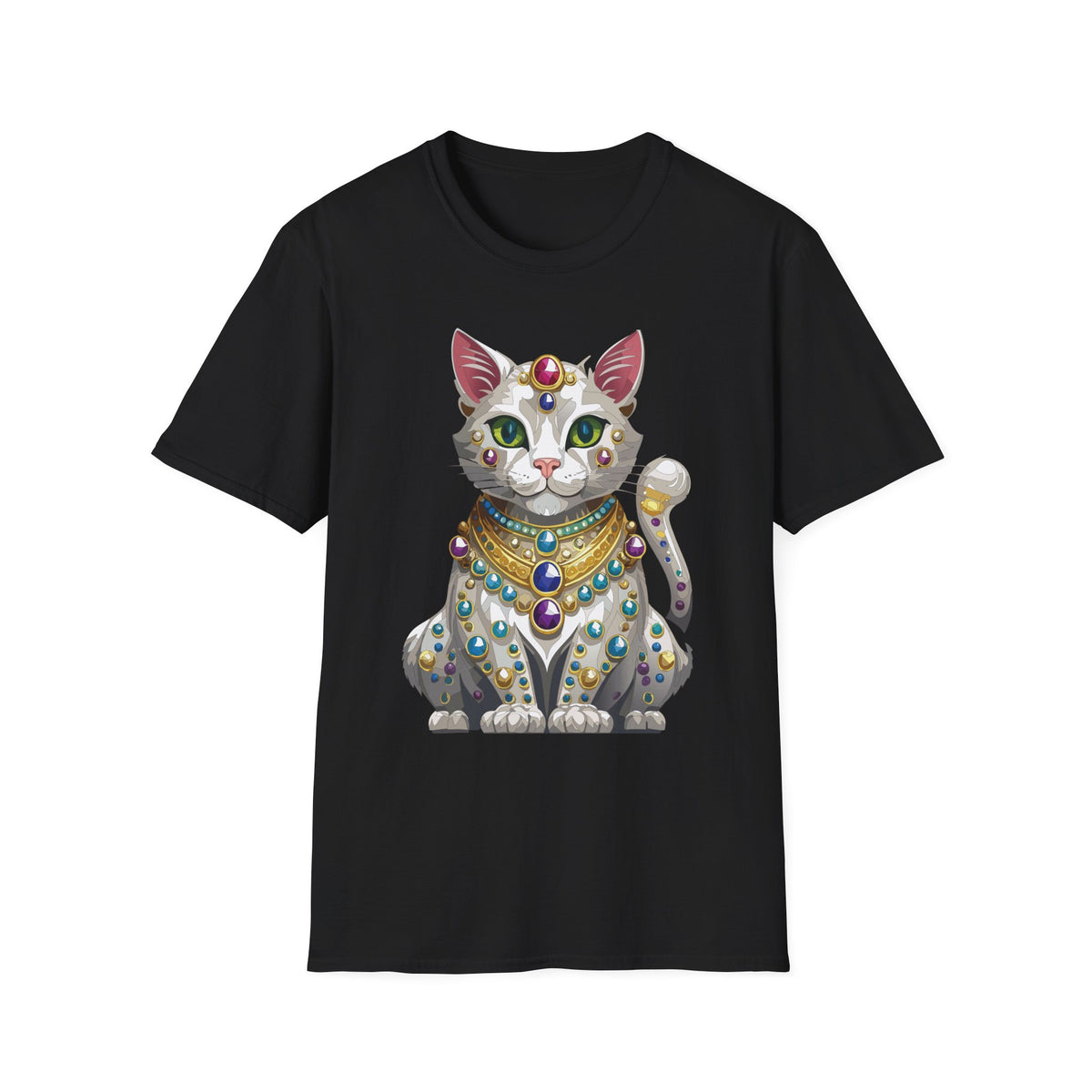 Jeweled Egyptian Cat T-Shirt | Regal Cat Illustration, Gemstone Pharaoh Design