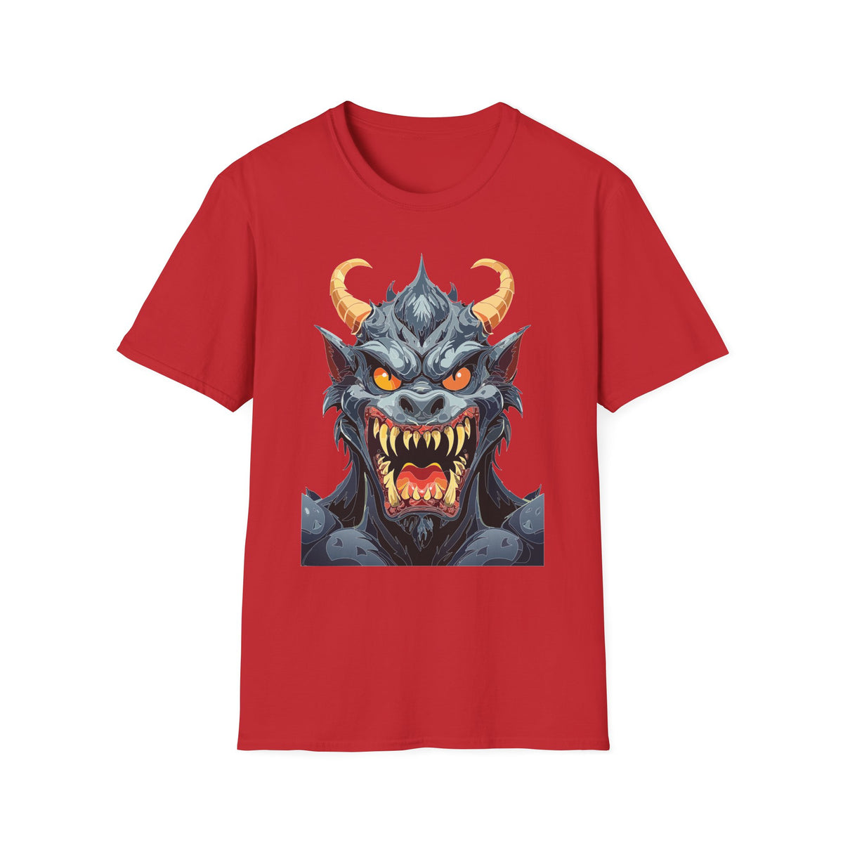 Demonic Monster Face T-Shirt — Fierce Horned Demon Cartoon Graphic Tee Unisex 100 Cotton Gildan T-Shirt