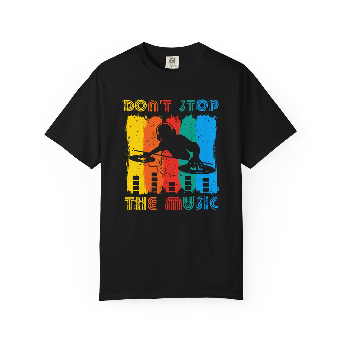 Don t Stop the Music DJ Silhouette T-Shirt Retro Rainbow Turntables Unisex Cotton Tee 014