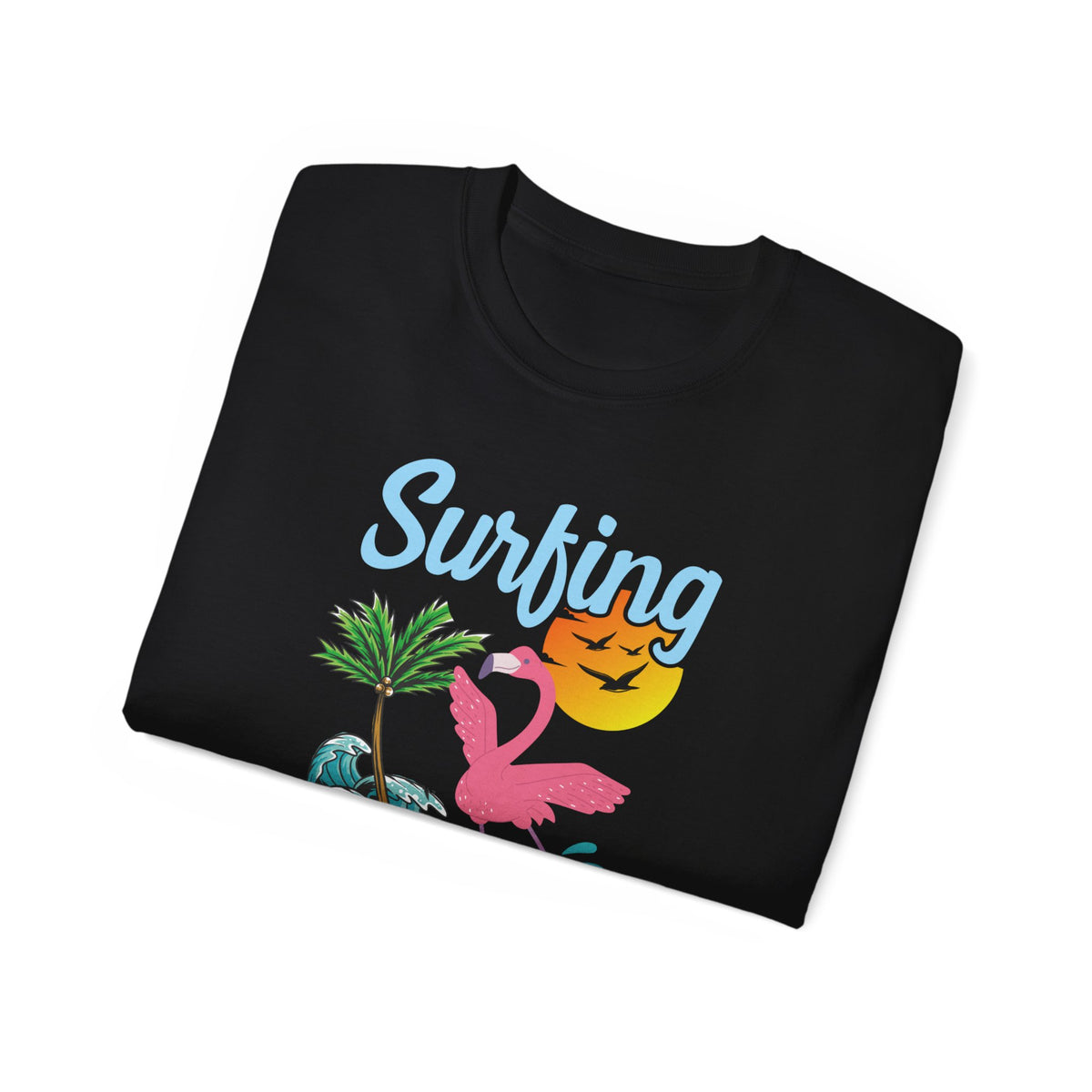 Surfing Paradise Flamingo Tee | Tropical Palm Sunset Surfboard