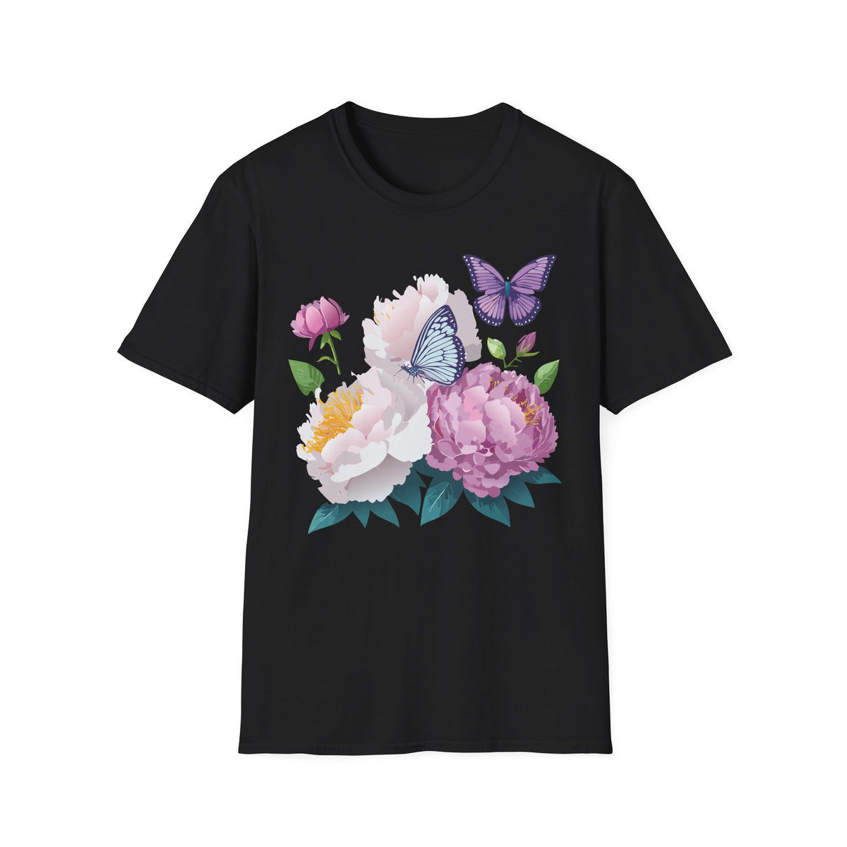 Floral Peonies & Butterflies T-Shirt — pastel garden tee for spring, Mother's Day Graphic Tee Unisex 100 Cotton Gildan T-Shirt