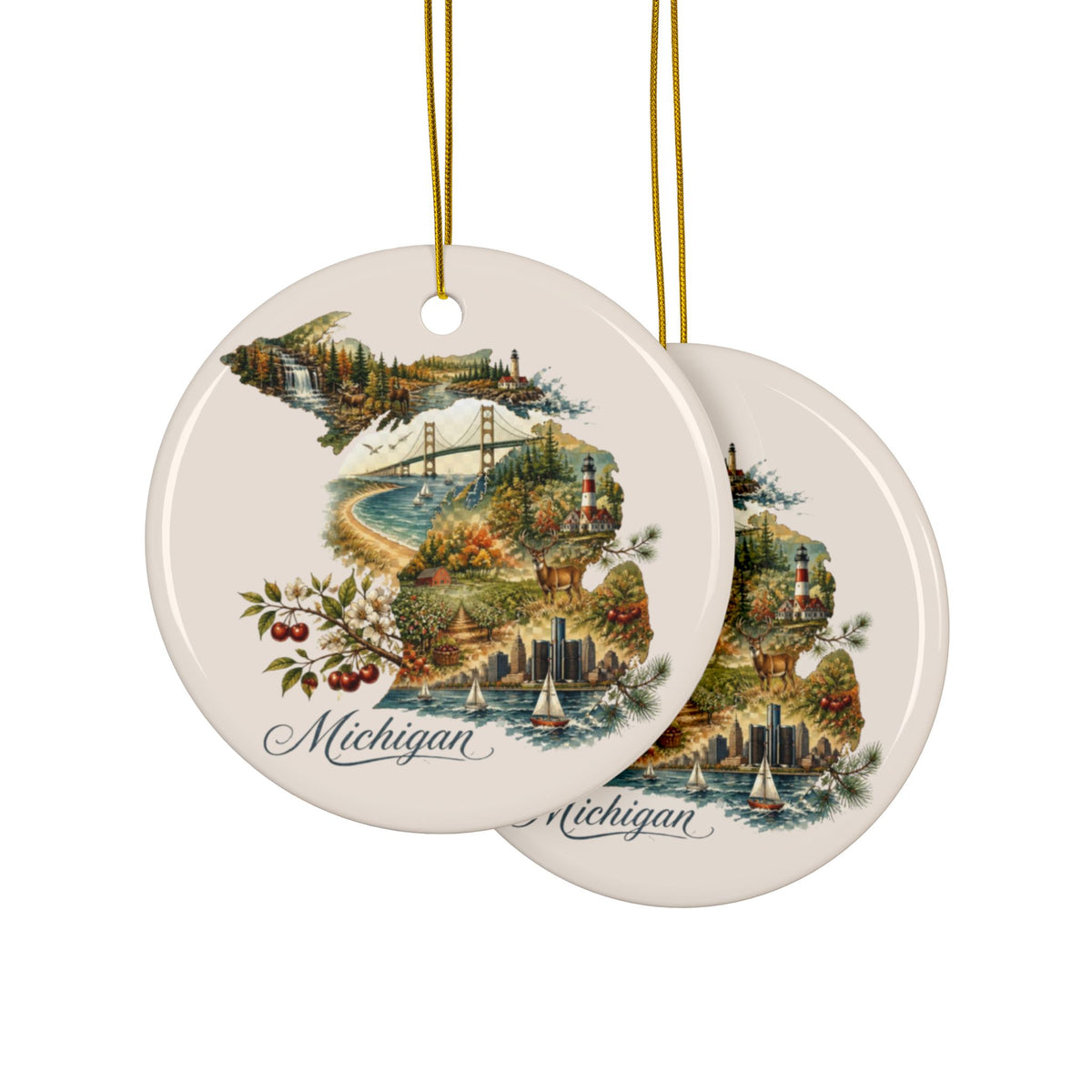 Michigan State Map Illustration Ceramic Ornament | Round Two-Sided Hanging - 2.99" Includes Gold String