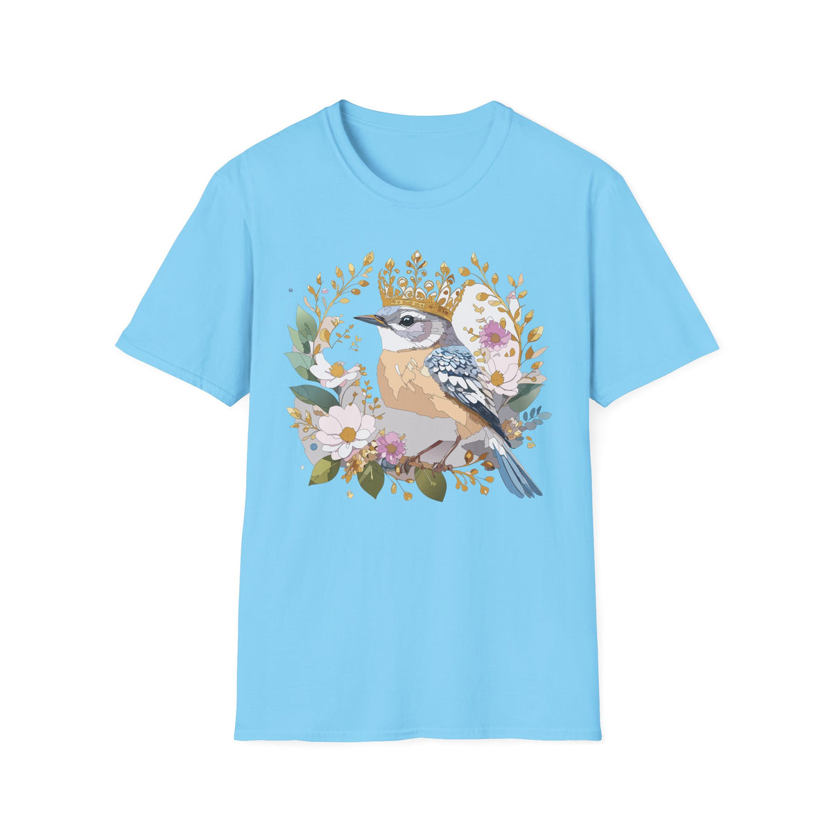 Blue Jay with Floral Wreath and Crown T-Shirt | Bird Illustration