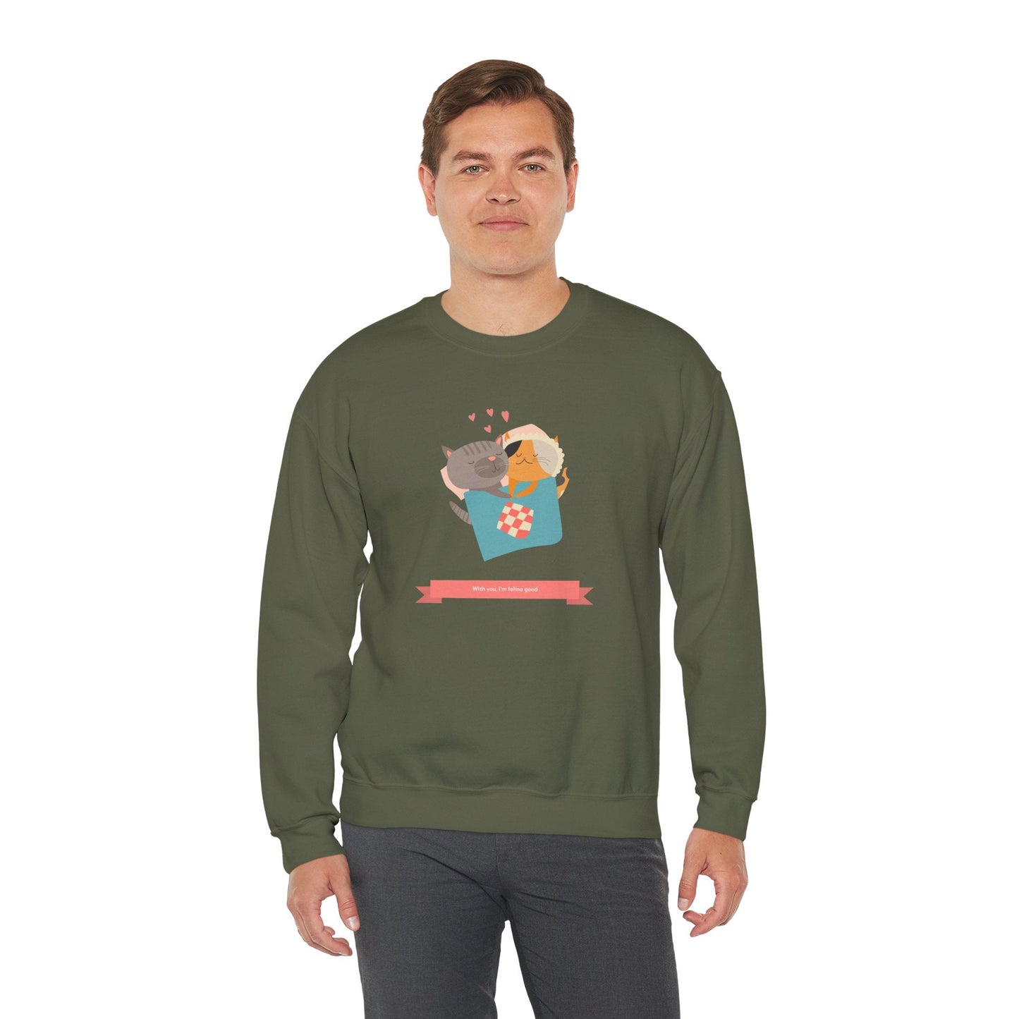 Cat Heart Sweatshirt Unisex Valentines Day 50 50 Cotton Poly Crewneck Gildan 18000