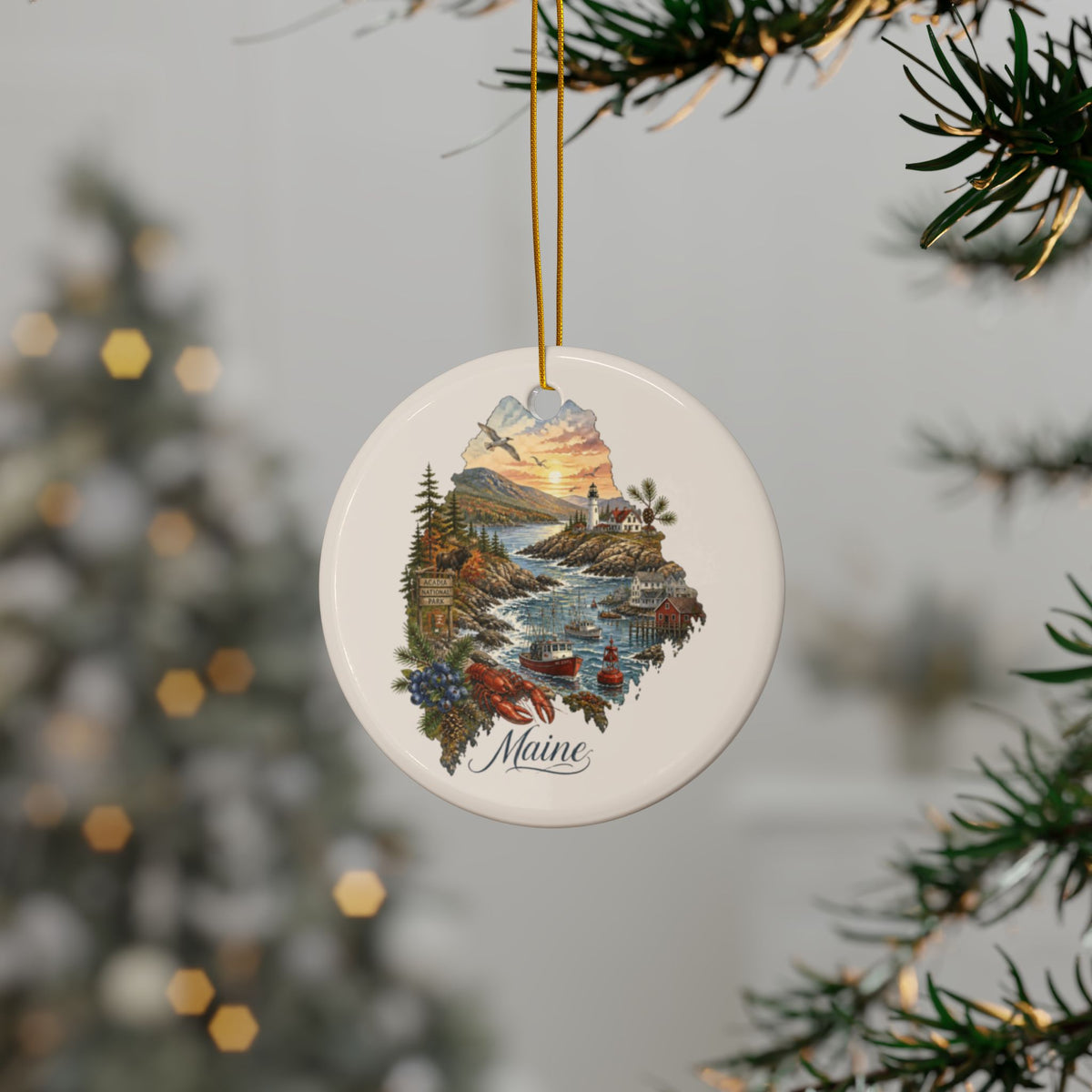 Maine Coastal Scene Ornament | Ceramic Round Ornament - 2.99" Includes Gold String