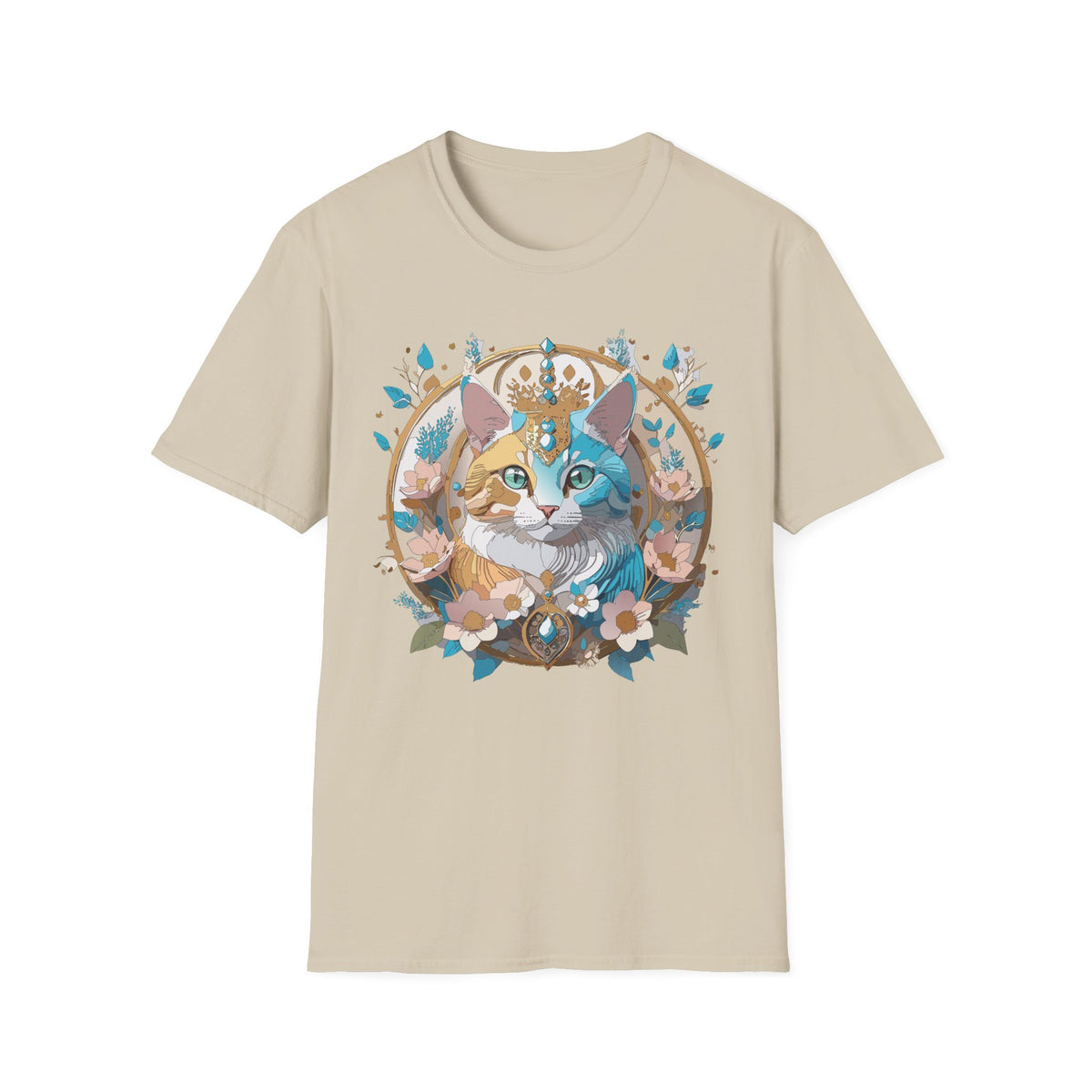 Two-Tone Cat Portrait T-Shirt | Floral Crescent, Boho Kitty