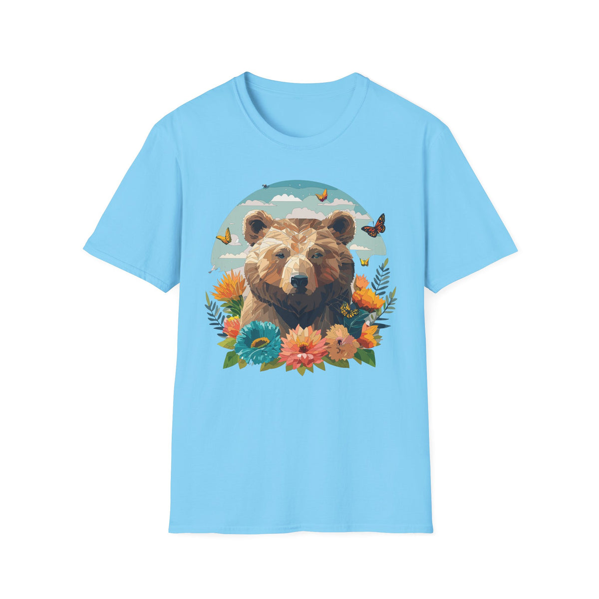 Brown Bear Illustration T-Shirt | Floral, Butterflies, Nature Scene Graphic Tee Unisex 100 Cotton Gildan T-Shirt