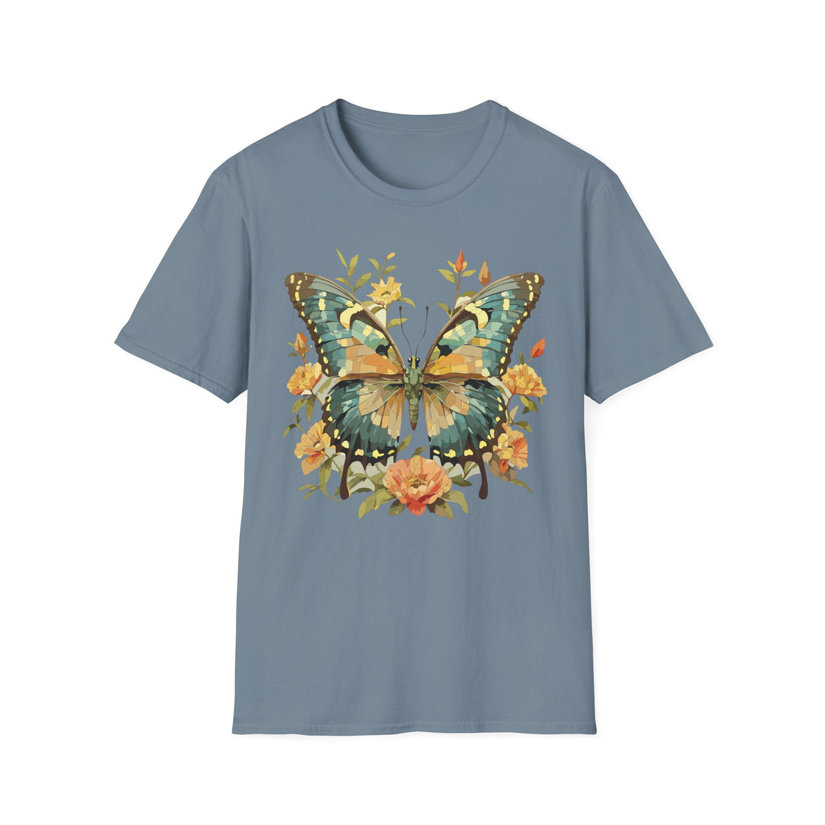 Butterfly Floral T-Shirt — Vintage Green & Gold Garden Graphic Tee Unisex 100 Cotton Gildan T-Shirt