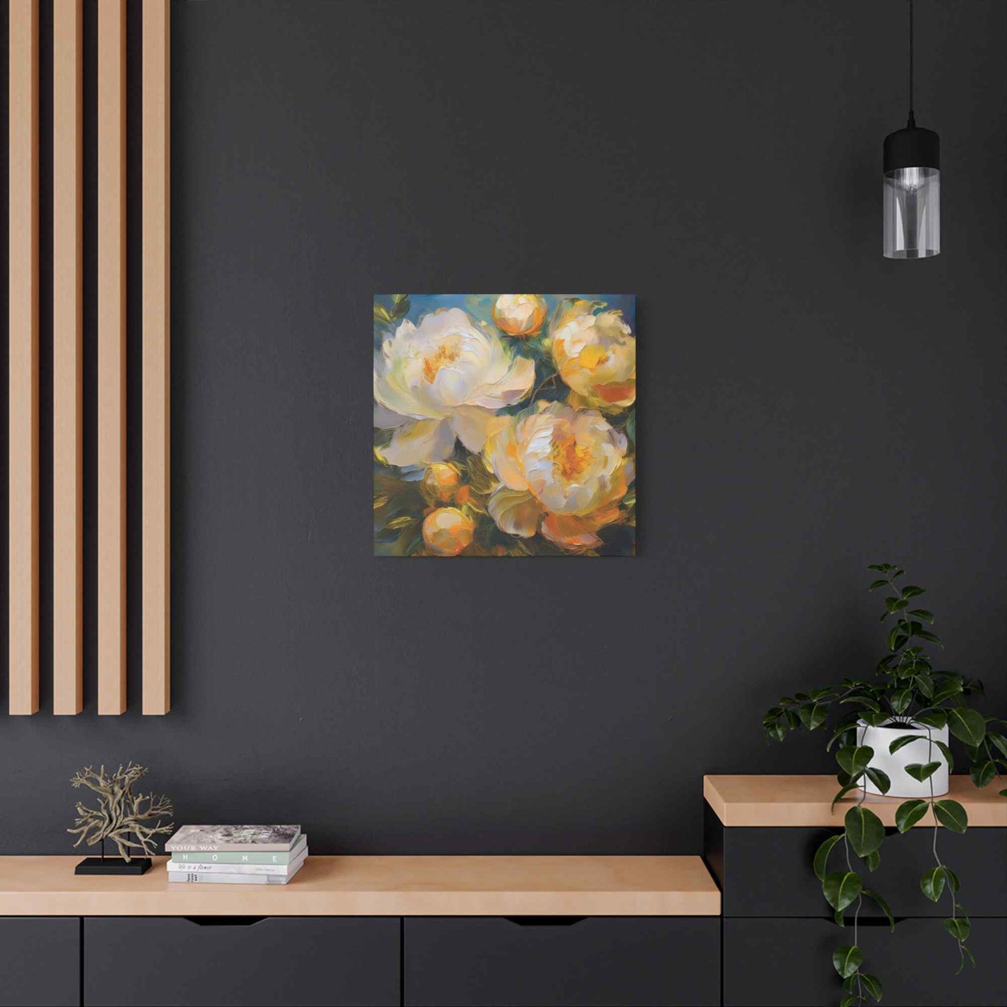 Cream Peonies Print Canvas, Floral Oil Paint Print 20x20, 24x24, 30x30, 32x32, 36x36 Art Design Pine-Wood Inner Frame MC-125