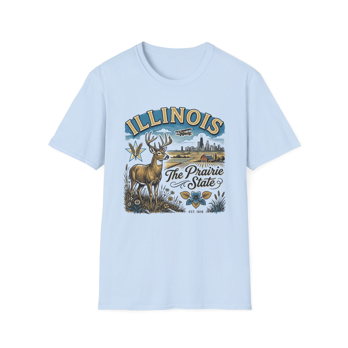 Illinois The Prairie State T-Shirt — Deer & Skyline Vintage Travel Tourist Graphic Tee Unisex 100 Cotton Gildan T-Shirt