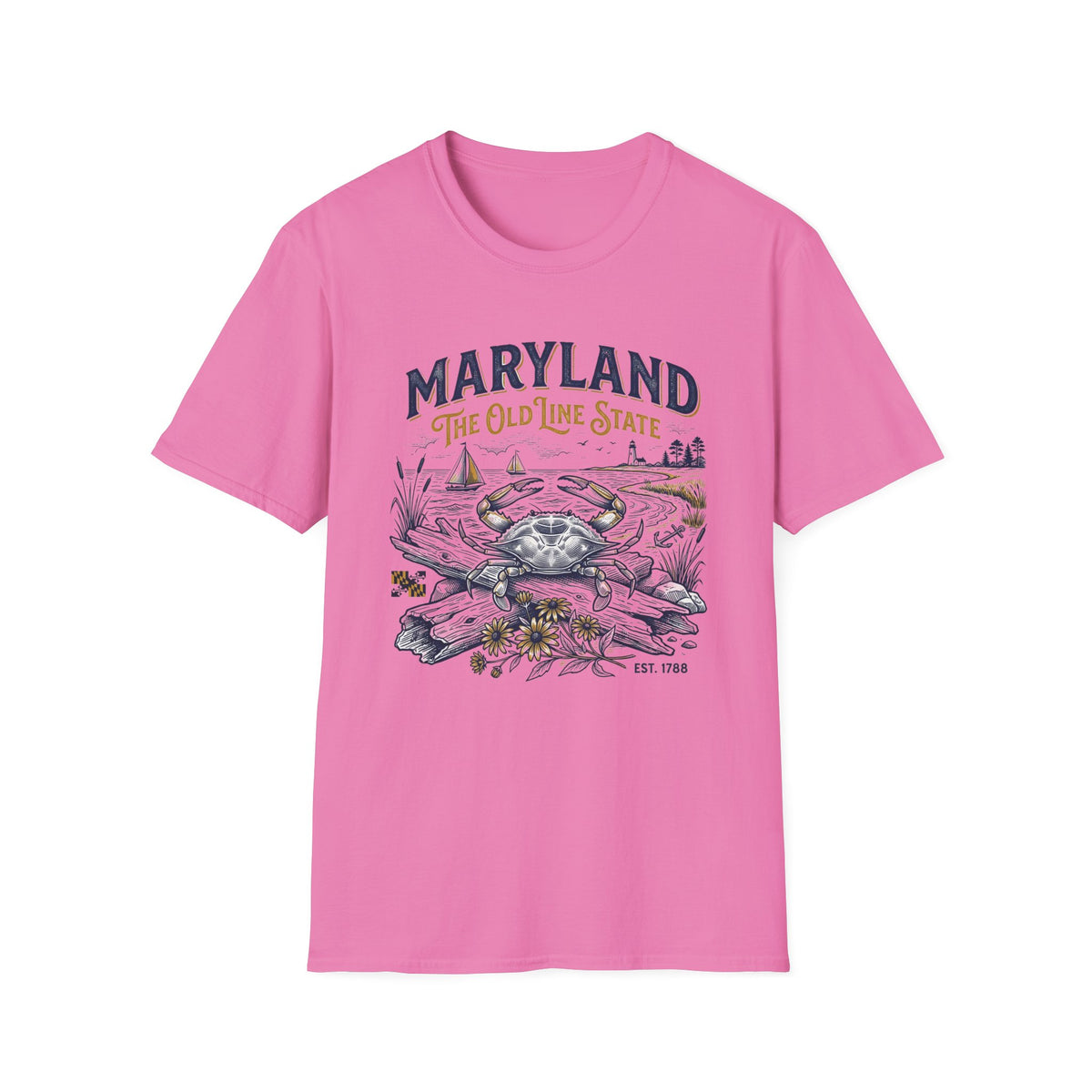 Maryland Crab T-Shirt — Maryland The Old Line State Vintage Coastal Travel Tourist Graphic Design Unisex 100 Cotton Gildan T-Shirt
