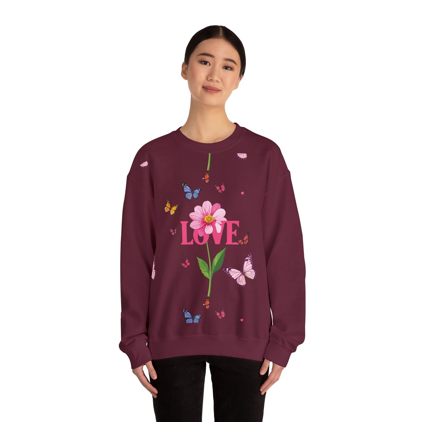 Unisex Floral Love Sweatshirt, Love Floral Sweatshirt, Floral Butterfly Sweatshirt, 50/50 Cotton-Poly Valentine's Day Sweatshirt 01