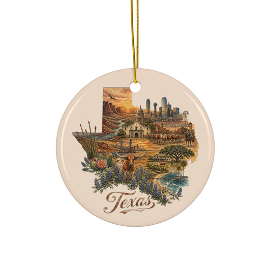 Texas state collage Ceramic Ornament | Round Double-Sided Holiday Decoration - 2.99" Includes Gold String