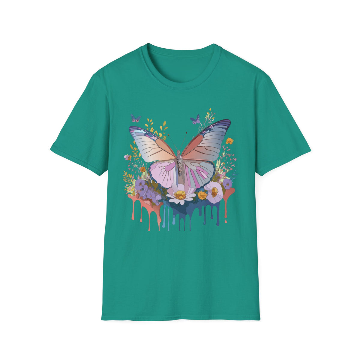 Butterfly Floral T-Shirt — Pastel Watercolor Wings with Drip Art Graphic Tee Unisex 100 Cotton Gildan T-Shirt