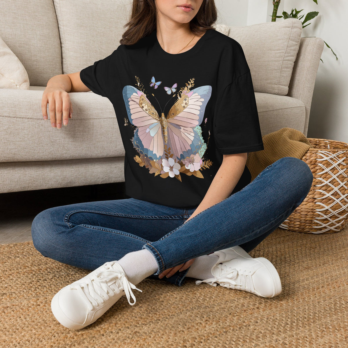 Butterfly Floral T-Shirt — Pastel Garden Wings Graphic Design Unisex 100 Cotton Gildan T-Shirt