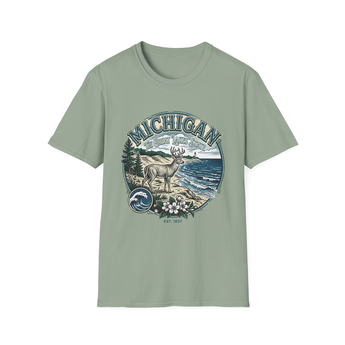Michigan Deer Scenic T-Shirt — Vintage Great Lakes Travel Tourist Graphic Design Unisex 100 Cotton Gildan T-Shirt
