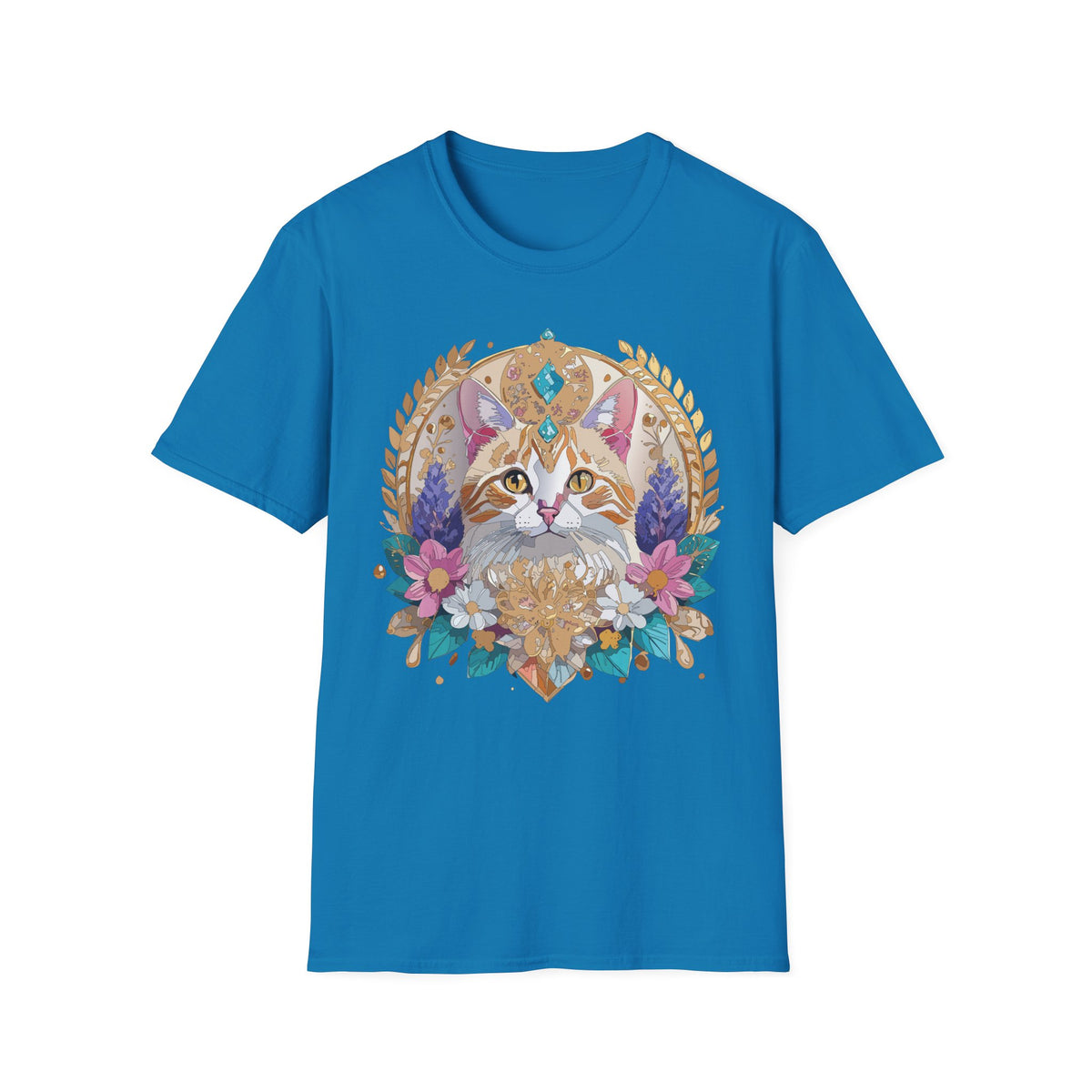 Regal Cat Mandala T-Shirt | Boho Kitty Illustration, Floral Crescent