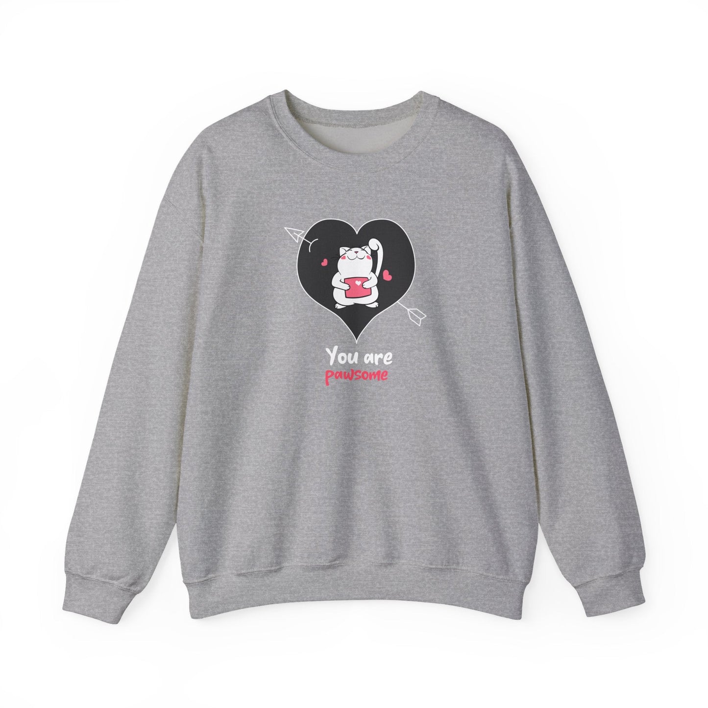 Cat Heart Sweatshirt Unisex Valentines Day Fifty Fifty Cotton Poly Crewneck Gildan 18000