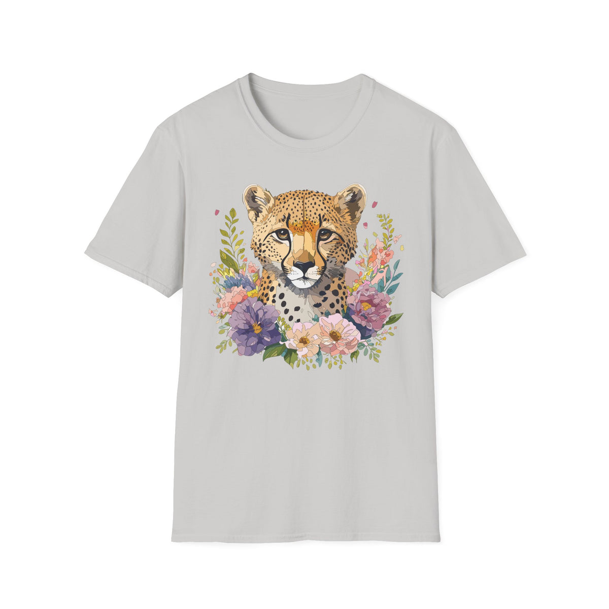 Floral Cheetah Face T-Shirt | Leopard Portrait Tee, Botanical Illustration