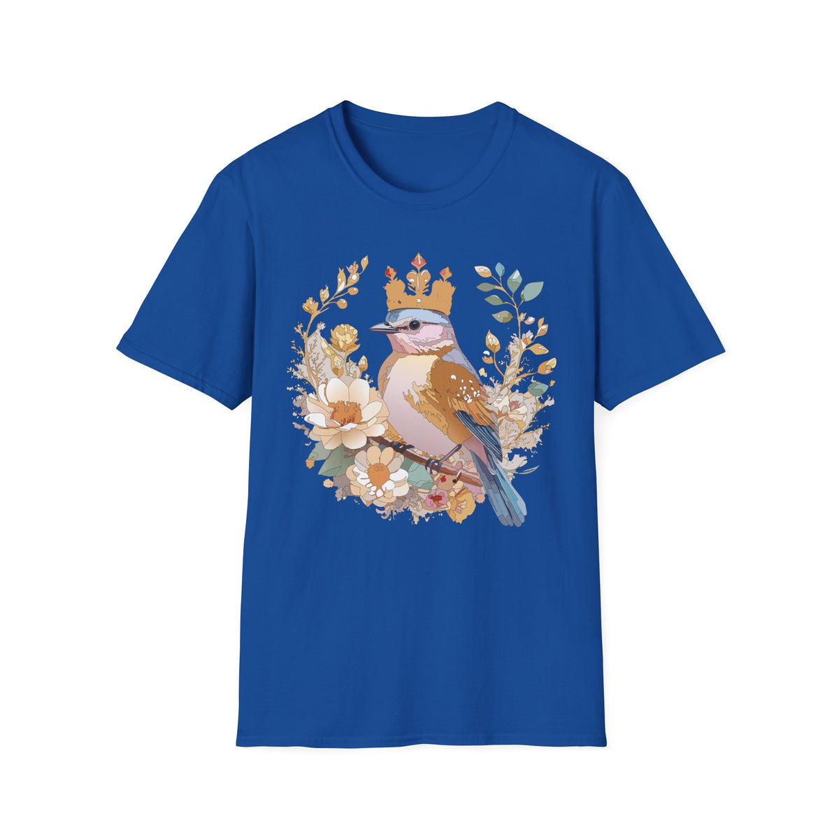 Crowned Blue Jay Bird Floral Illustration T-Shirt | Nature Bird Tee