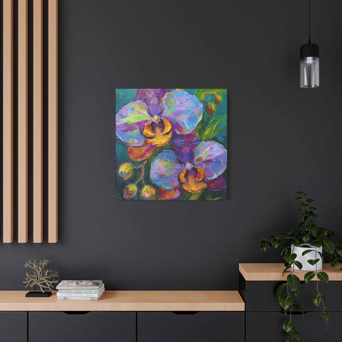 Blue Orchids Print Canvas, Floral Oil Paint Print 20x20, 24x24, 30x30, 32x32, 36x36 Art Design Pine-Wood Inner Frame MC-133
