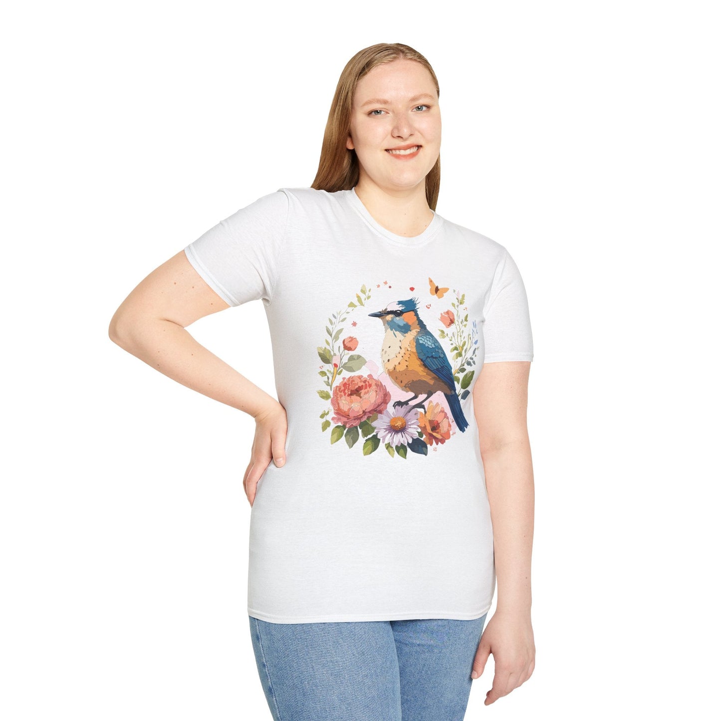 Floral Bird T Shirt Unisex Softstyle Gildan 64000 Tee 100 Percent Ring Spun Cotton